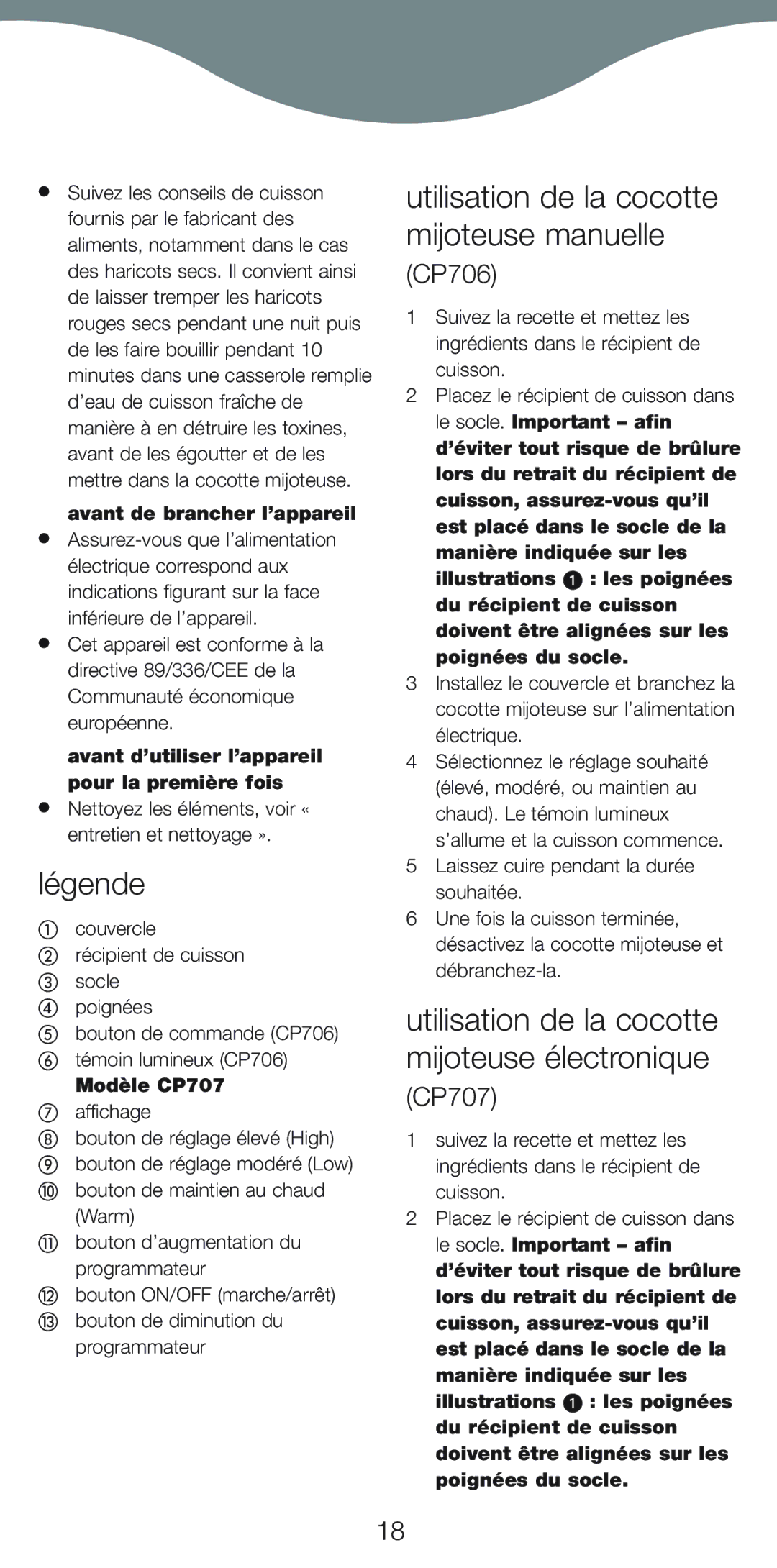 Kenwood CP706 Légende, Utilisation de la cocotte mijoteuse manuelle, Utilisation de la cocotte mijoteuse électronique 