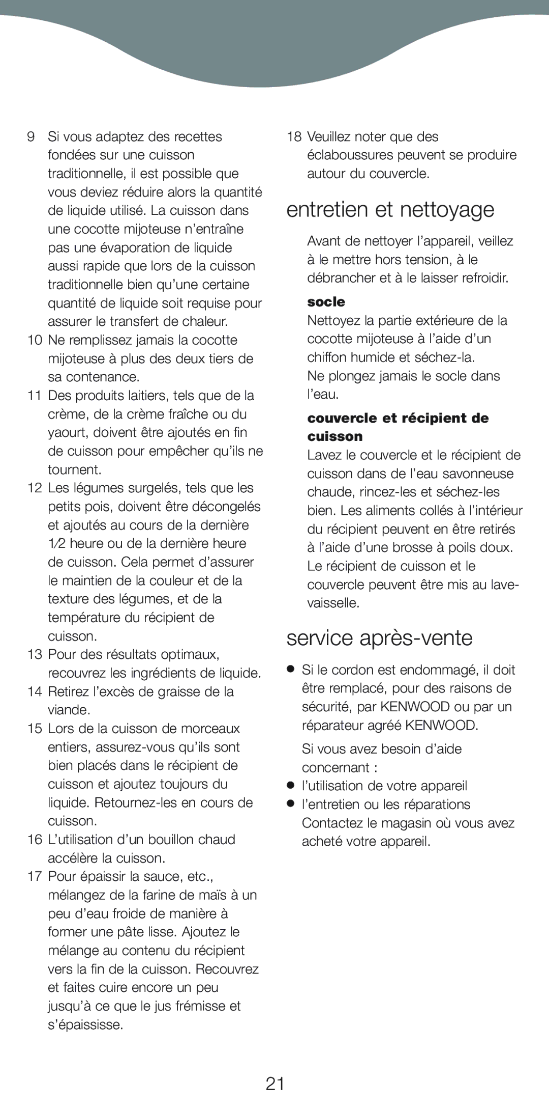 Kenwood CP707, CP706 manual Entretien et nettoyage, Service après-vente, Socle, Couvercle et récipient de cuisson 