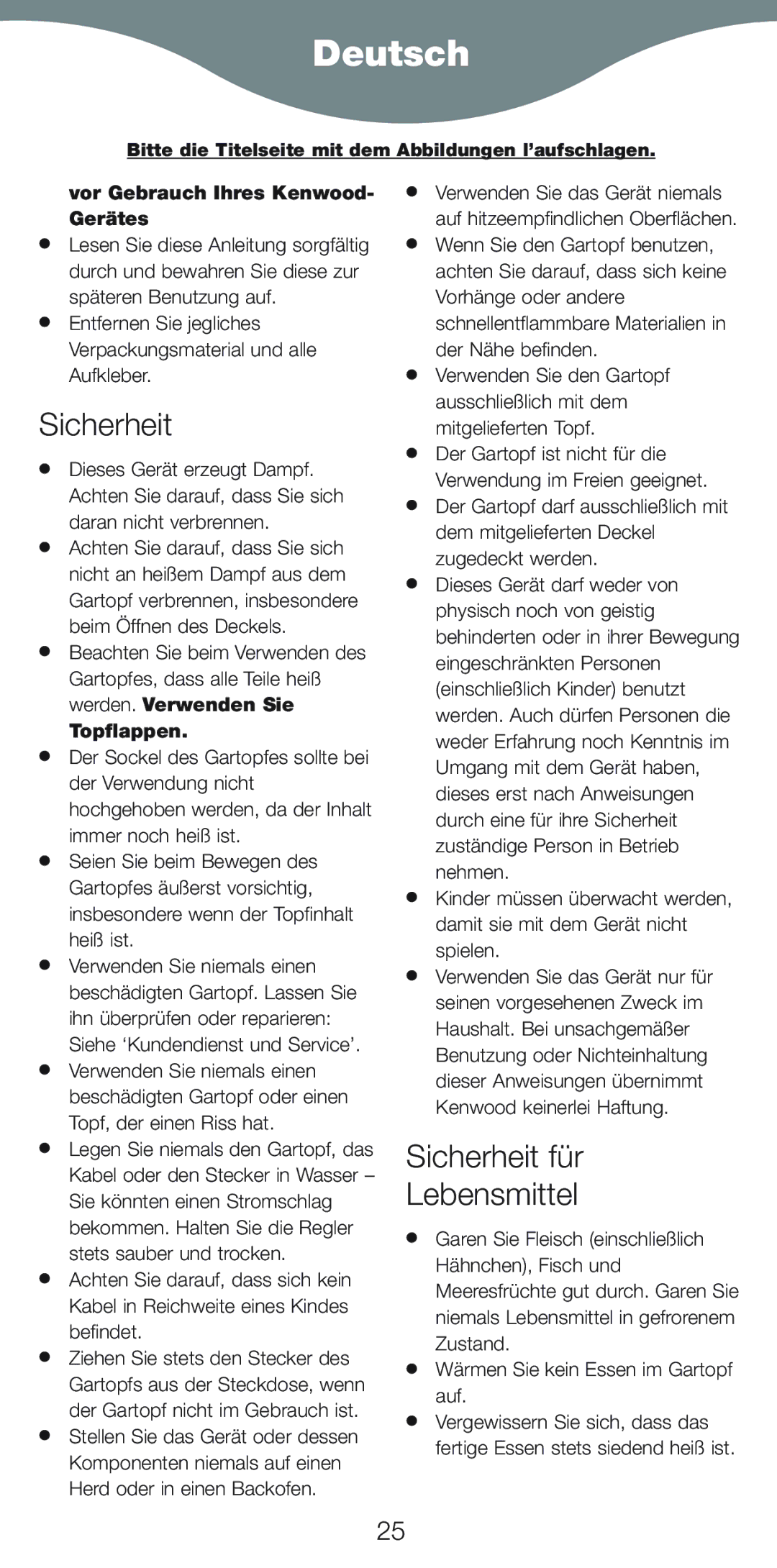 Kenwood CP707, CP706 manual Deutsch, Sicherheit für Lebensmittel, Vor Gebrauch Ihres Kenwood- Gerätes, Topflappen 