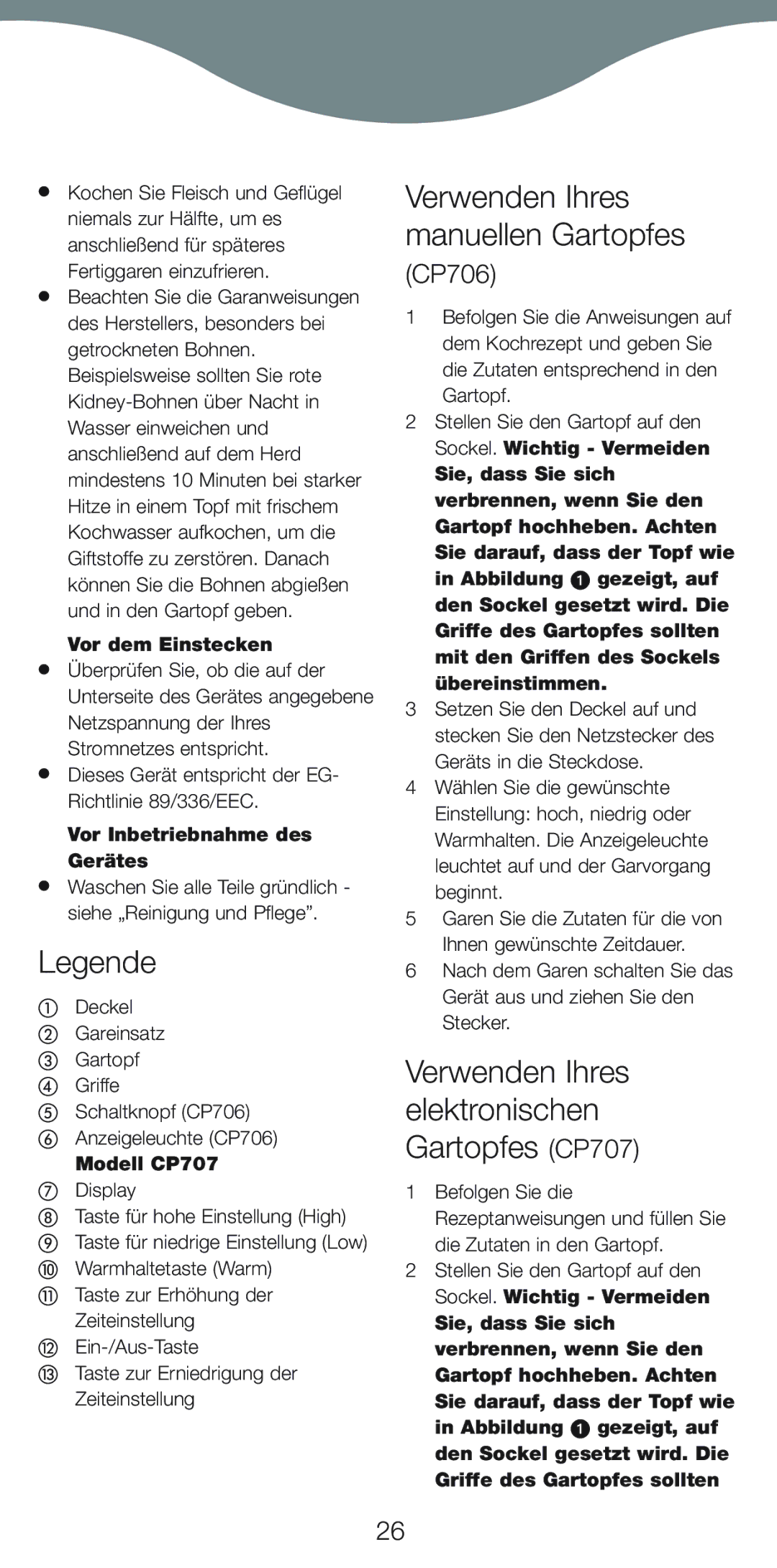 Kenwood CP706 Verwenden Ihres manuellen Gartopfes, Verwenden Ihres elektronischen Gartopfes CP707, Vor dem Einstecken 