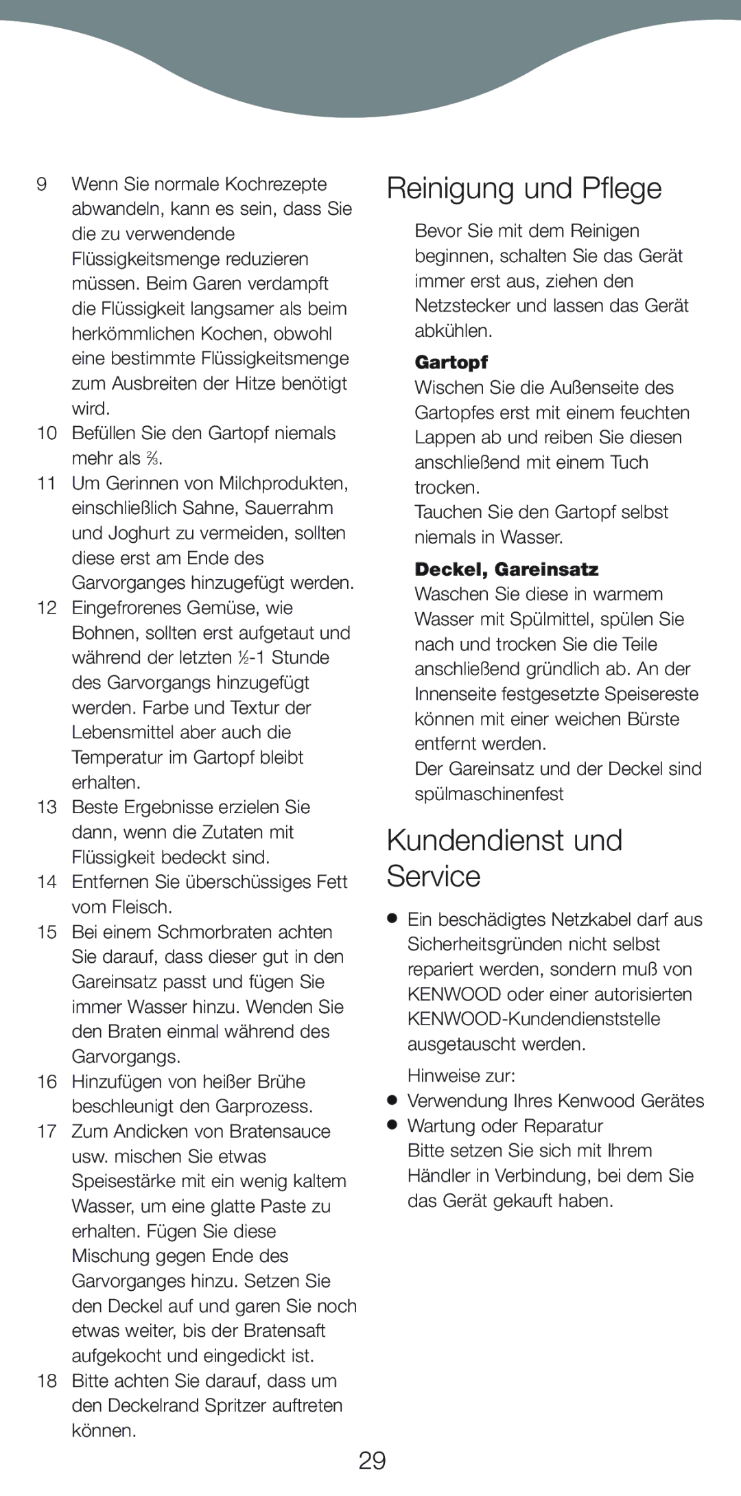 Kenwood CP707, CP706 manual Reinigung und Pflege, Kundendienst und Service, 10 Befüllen Sie den Gartopf niemals mehr als 2⁄3 