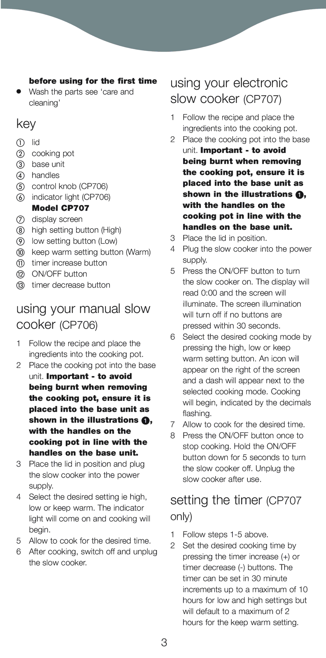 Kenwood Key, Using your manual slow cooker CP706, Using your electronic slow cooker CP707, Setting the timer CP707 