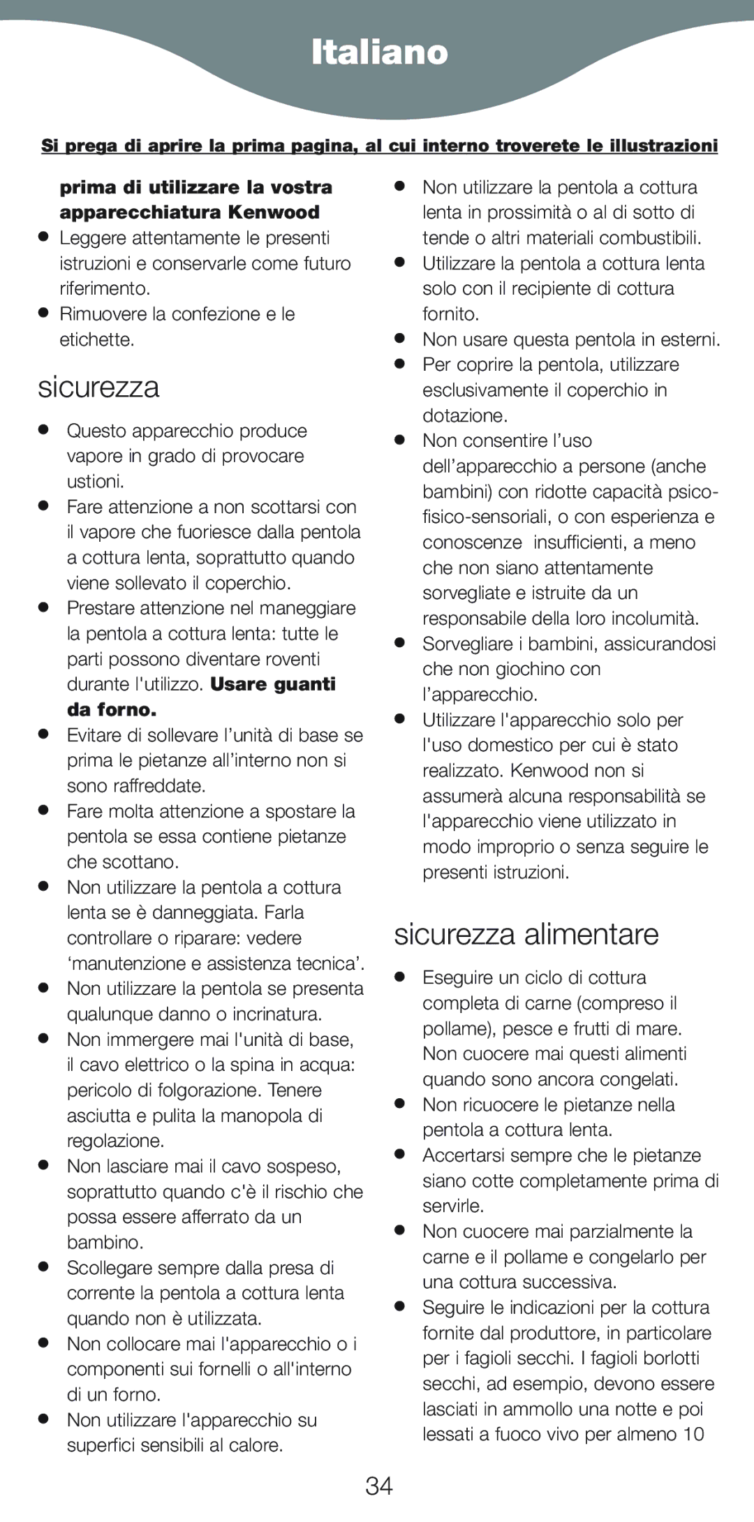 Kenwood CP706, CP707 manual Italiano, Sicurezza alimentare, Prima di utilizzare la vostra apparecchiatura Kenwood 