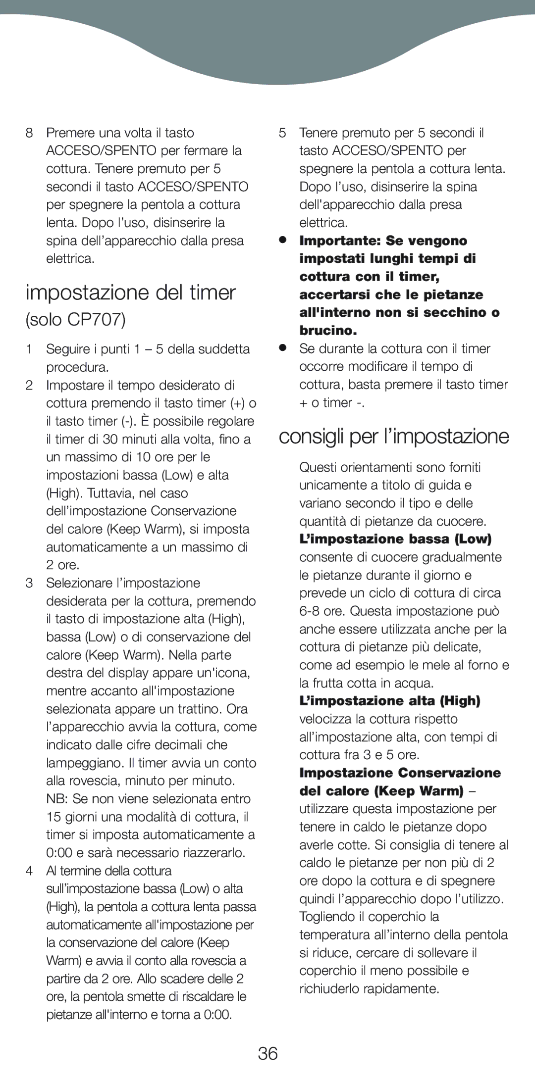 Kenwood CP706 manual Impostazione del timer, Consigli per l’impostazione, Solo CP707 