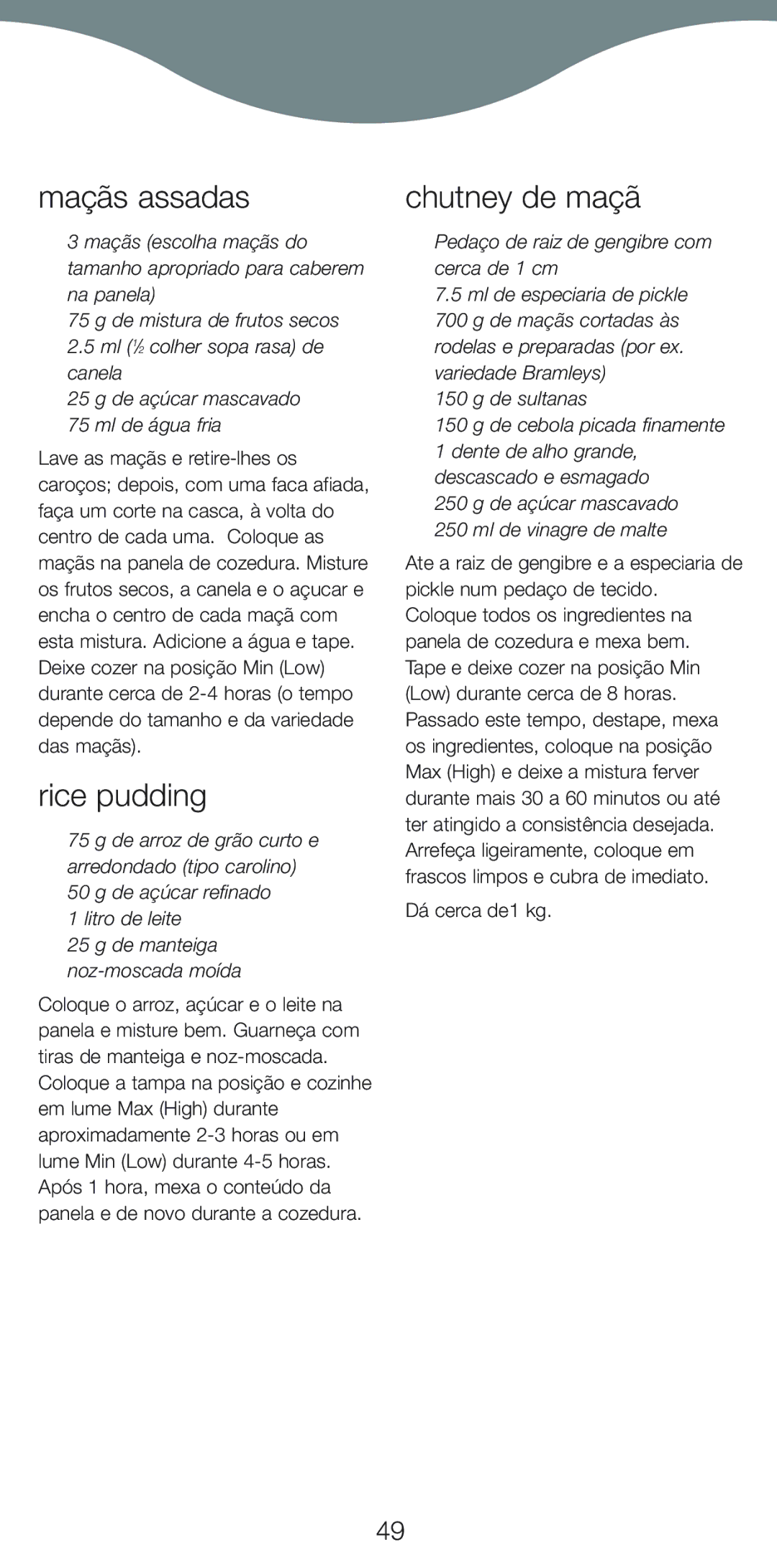 Kenwood CP707 Maçãs assadas, Chutney de maçã, De açúcar refinado Litro de leite, De sultanas De cebola picada finamente 