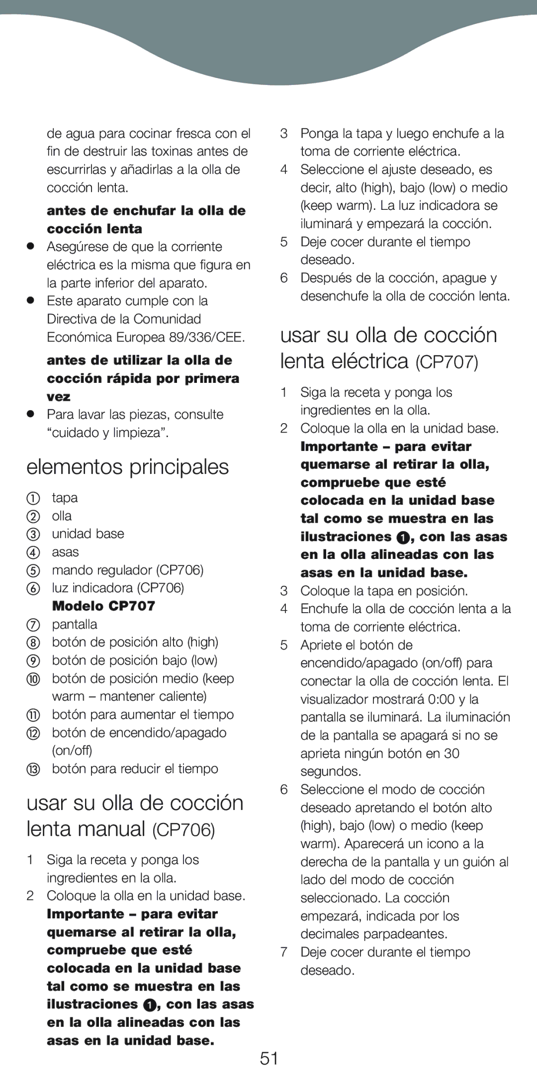 Kenwood CP707 Elementos principales, Usar su olla de cocción lenta manual CP706 