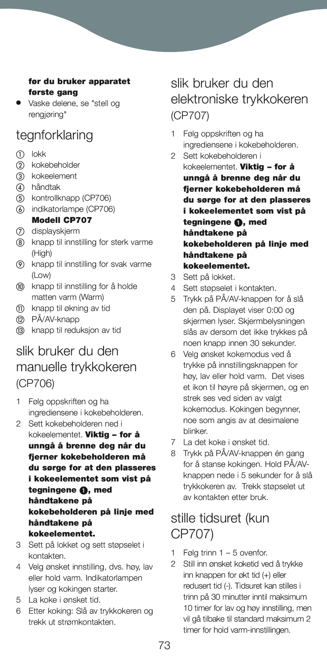 Kenwood CP707, CP706 Tegnforklaring, Slik bruker du den manuelle trykkokeren, Slik bruker du den elektroniske trykkokeren 