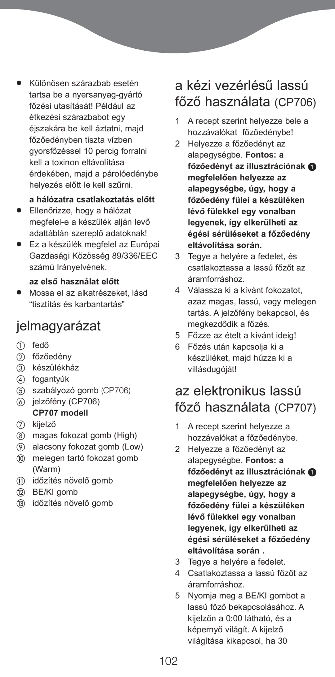 Kenwood Jelmagyarázat, Kézi vezérlésű lassú főző használata CP706, Az elektronikus lassú főző használata CP707, 102 