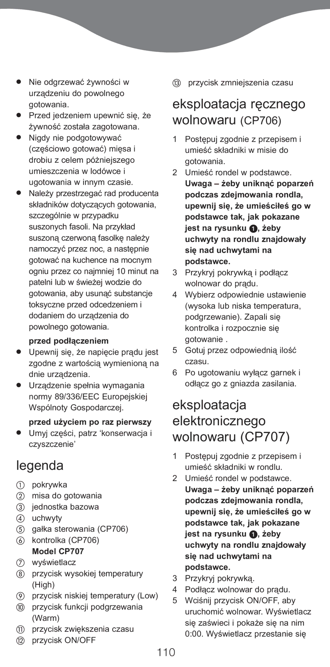 Kenwood Eksploatacja ręcznego wolnowaru CP706, Eksploatacja elektronicznego wolnowaru CP707, 110, Przed podłączeniem 