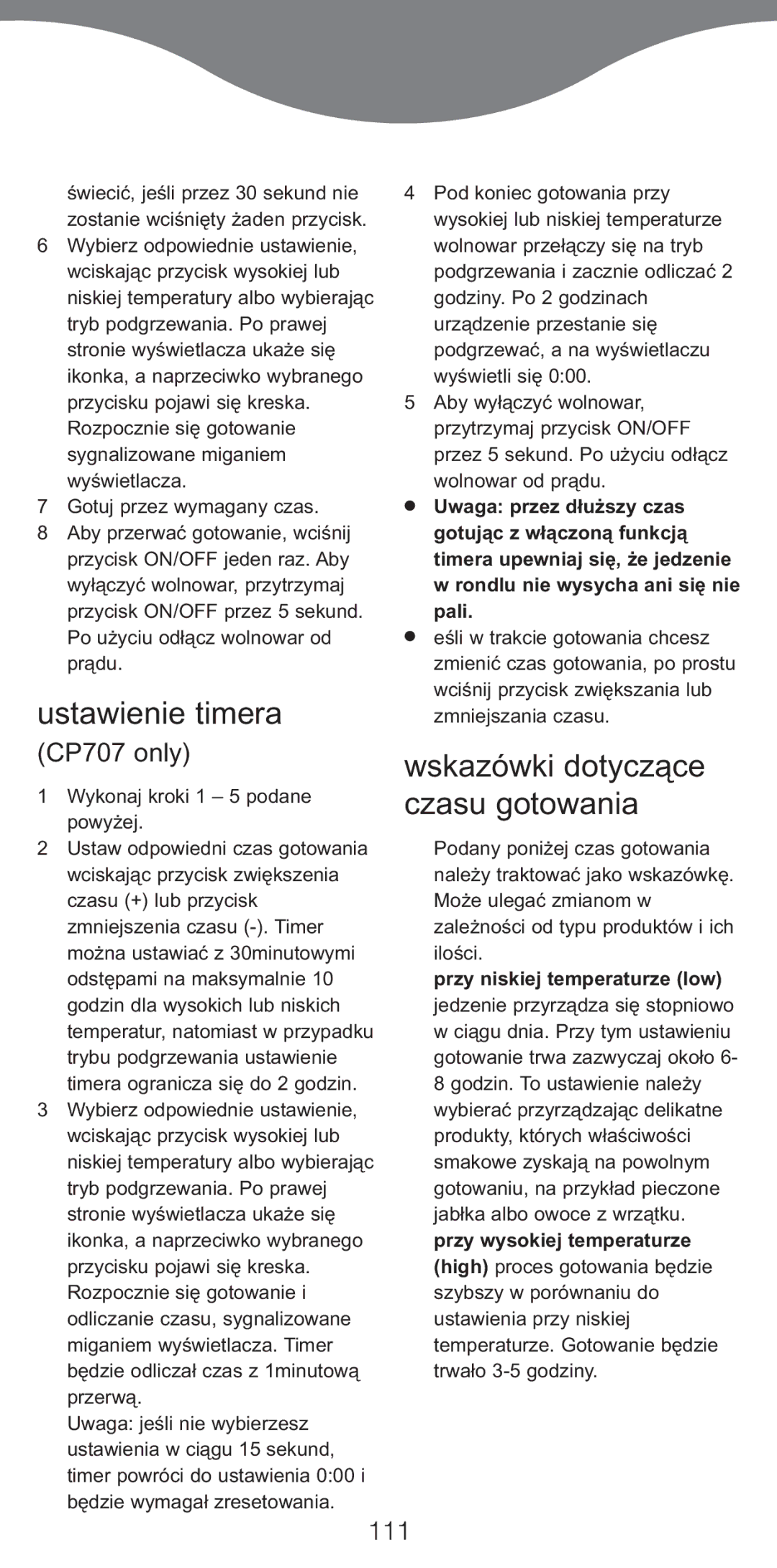 Kenwood CP706 manual Ustawienie timera, Wskazówki dotyczące czasu gotowania, CP707 only, 111 