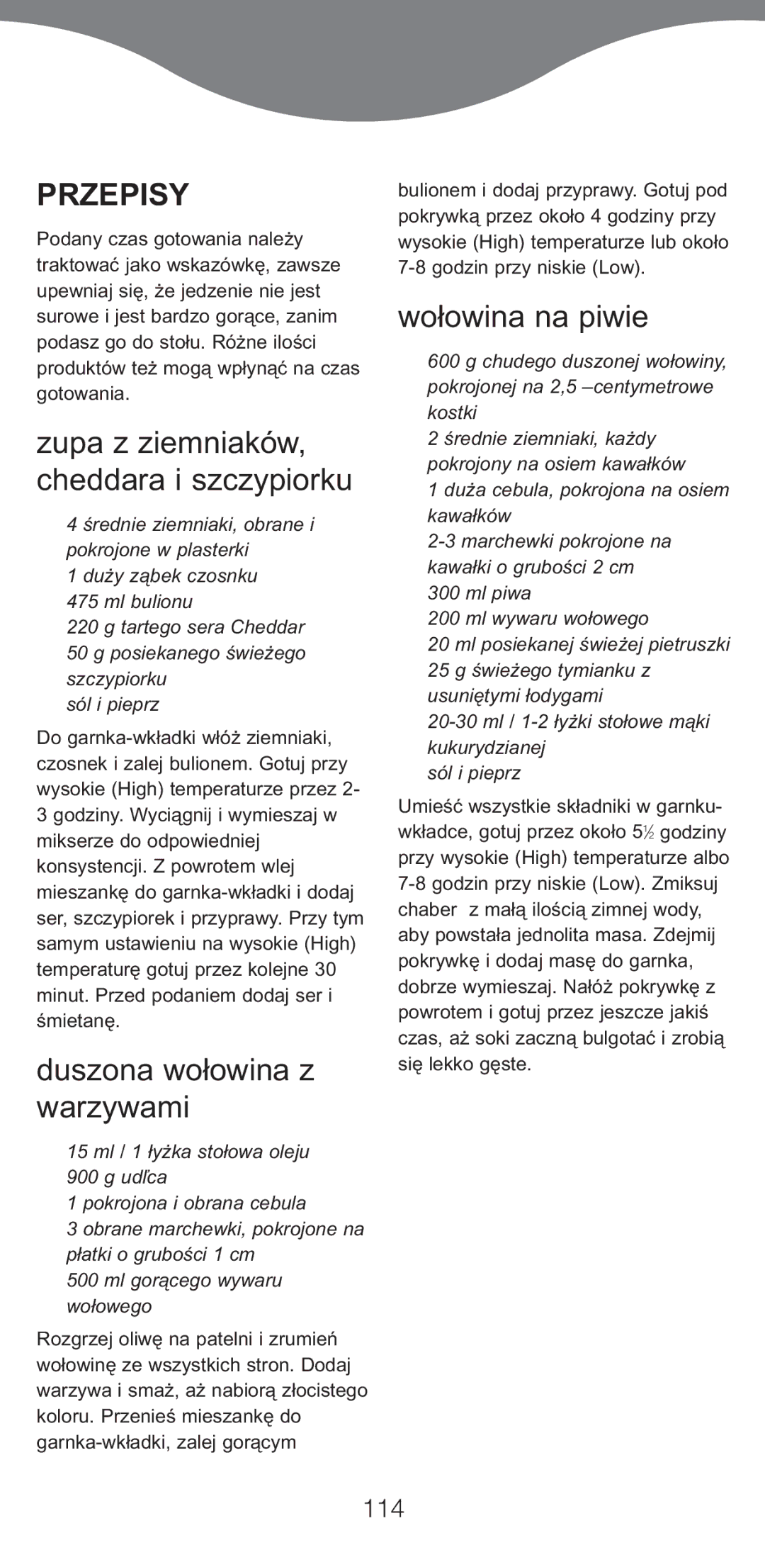 Kenwood CP706 Przepisy, Zupa z ziemniaków, cheddara i szczypiorku, Duszona wołowina z warzywami, Wołowina na piwie, 114 