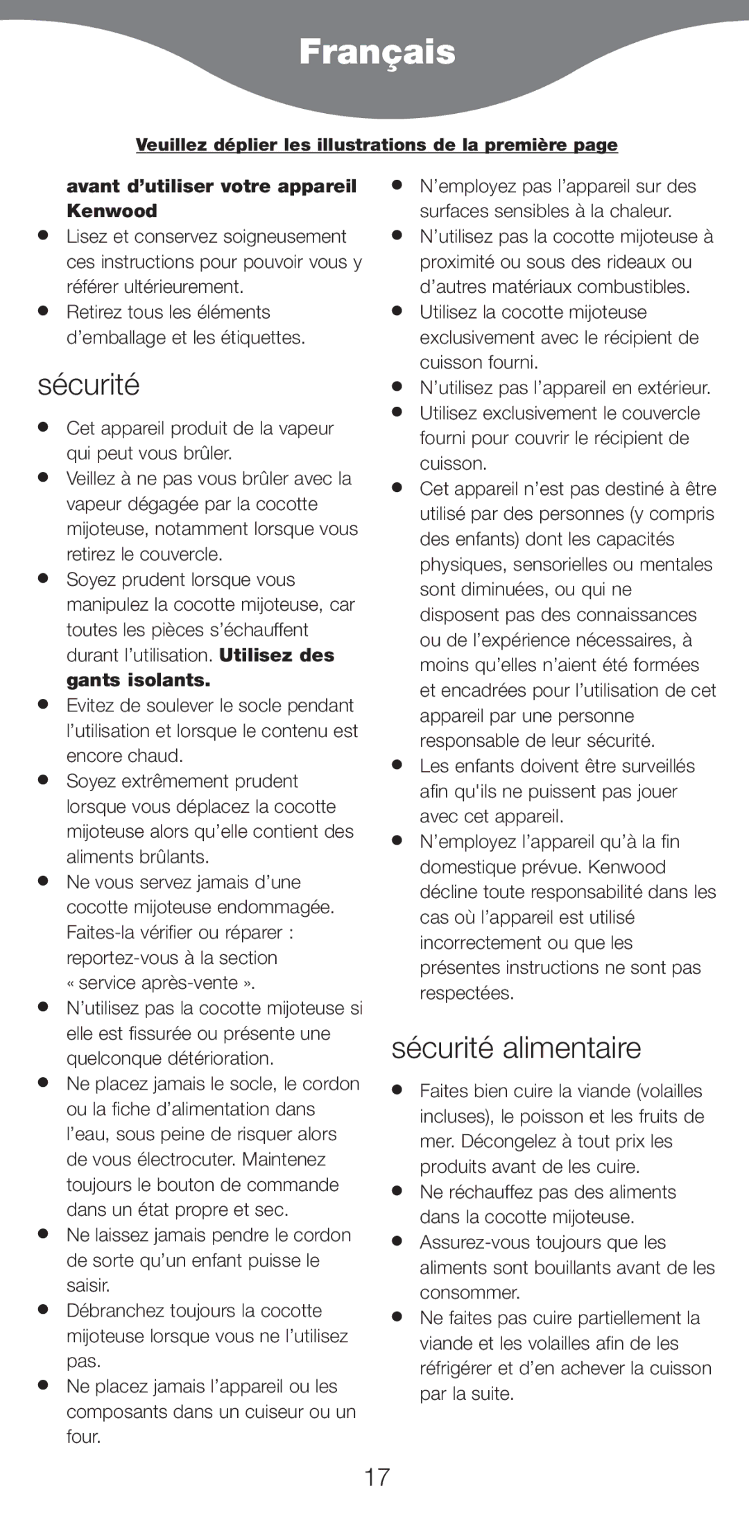 Kenwood CP707, CP706 manual Franais, SŽcuritŽ alimentaire, Avant dÕutiliser votre appareil Kenwood, Service aprs-vente È 