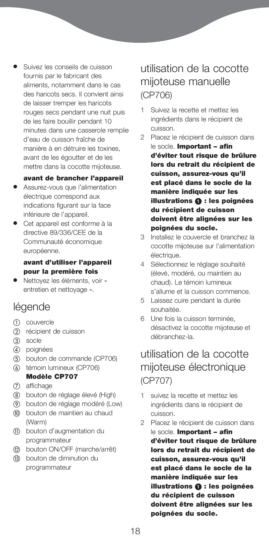 Kenwood CP706 LŽgende, Utilisation de la cocotte mijoteuse manuelle, Utilisation de la cocotte mijoteuse Žlectronique 