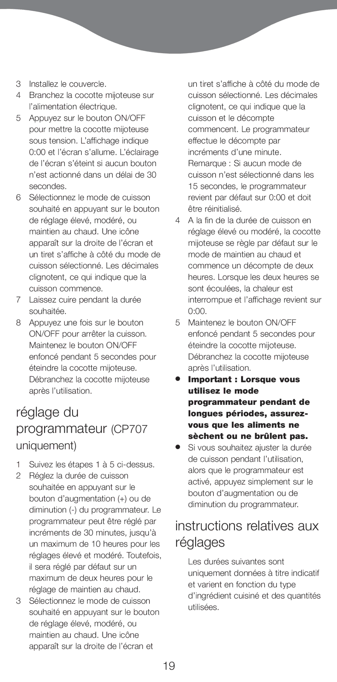 Kenwood CP706 manual RŽglage du programmateur CP707, Instructions relatives aux rŽglages, Uniquement 