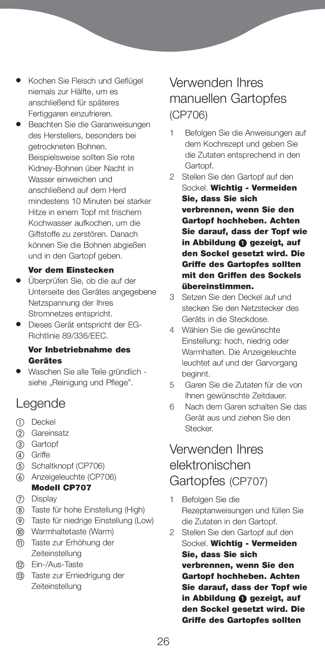 Kenwood CP706 Verwenden Ihres manuellen Gartopfes, Verwenden Ihres elektronischen Gartopfes CP707, Vor dem Einstecken 