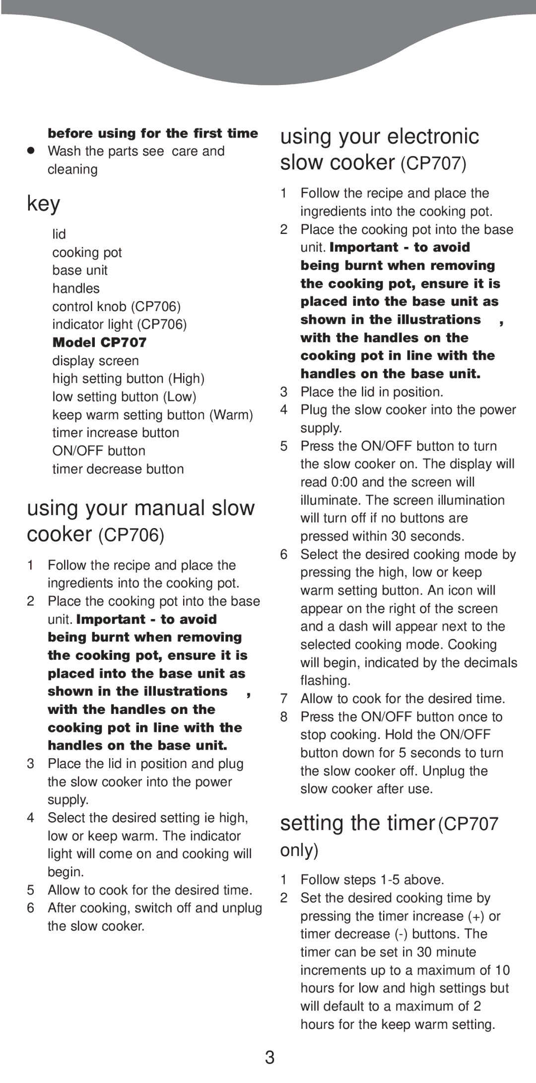 Kenwood Key, Using your manual slow cooker CP706, Using your electronic slow cooker CP707, Setting the timer CP707 