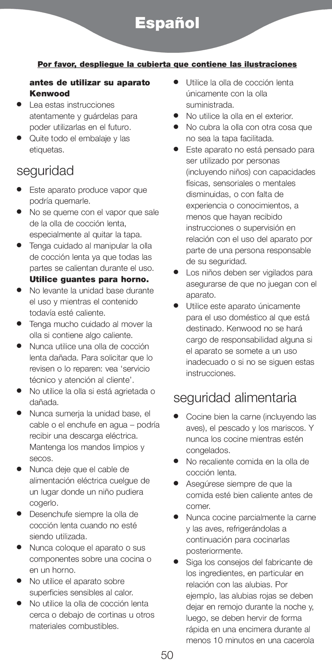 Kenwood CP706, CP707 Espa-ol, Seguridad alimentaria, Antes de utilizar su aparato Kenwood, Utilice guantes para horno 