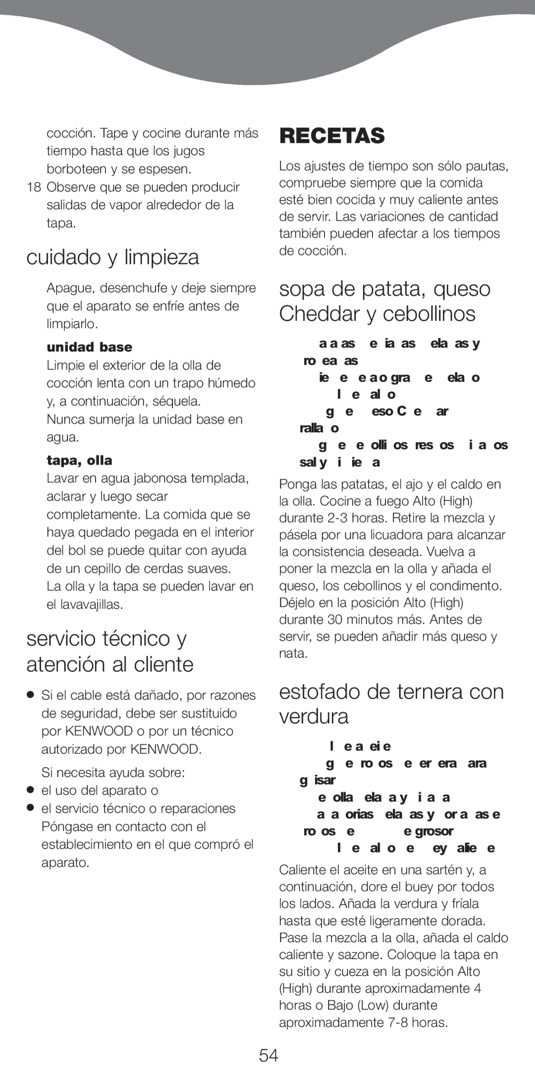 Kenwood CP706 Cuidado y limpieza, Recetas, Sopa de patata, queso Cheddar y cebollinos, Estofado de ternera con verdura 