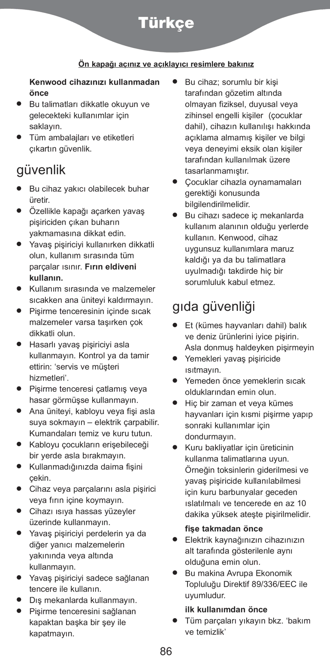 Kenwood CP706, CP707 manual TŸrke, Güvenlik, Gıda güvenliği 