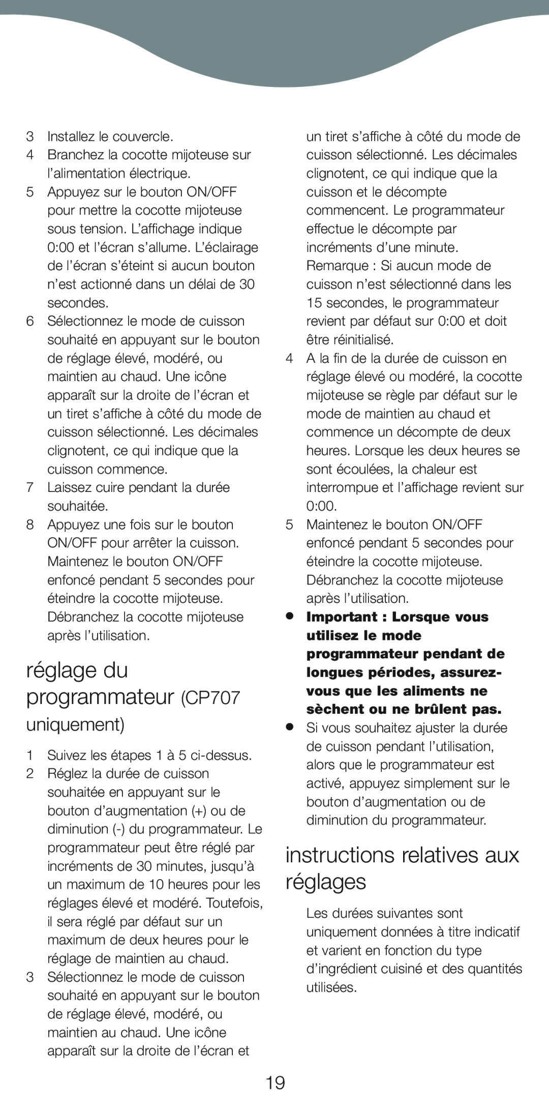 Kenwood CP706 manual réglage du programmateur CP707, instructions relatives aux réglages, uniquement 