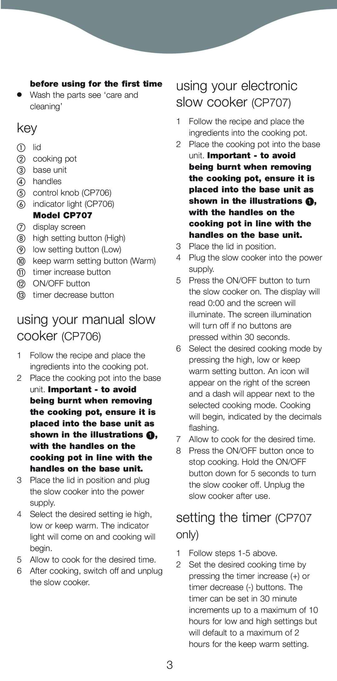 Kenwood using your manual slow cooker CP706, using your electronic slow cooker CP707, setting the timer CP707, only 