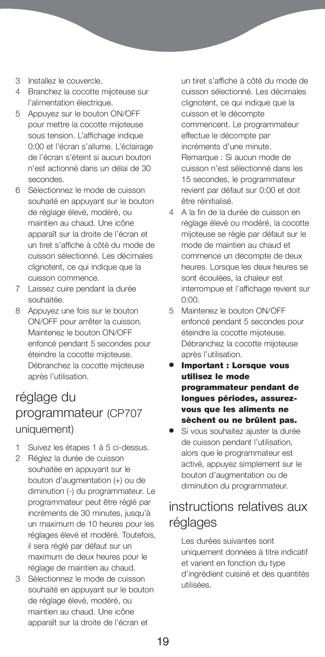 Kenwood CP706 manual rŽglage du programmateur CP707, instructions relatives aux rŽglages, uniquement 