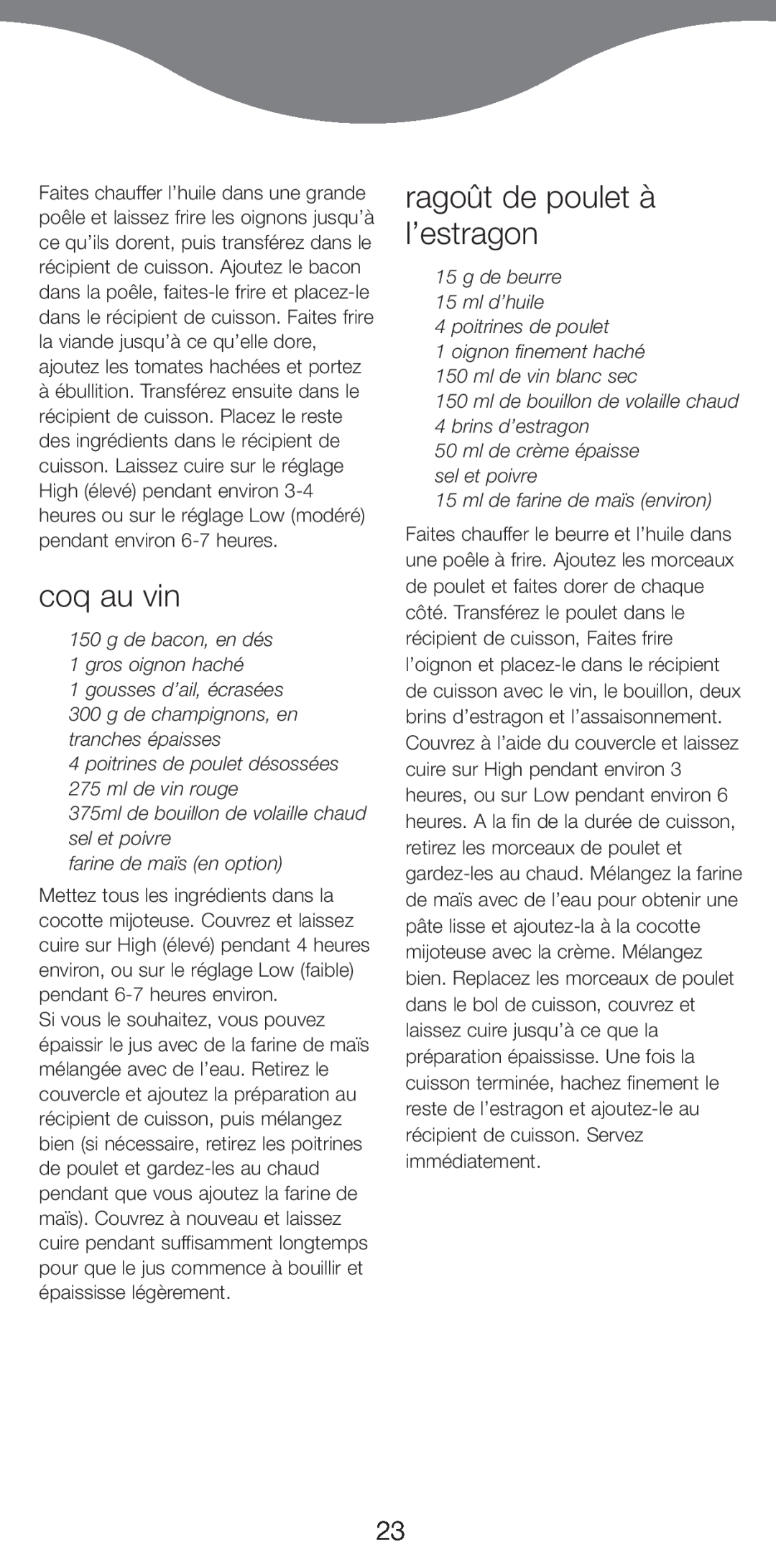 Kenwood CP707, CP706 manual ragožt de poulet ˆ lÕestragon, coq au vin 