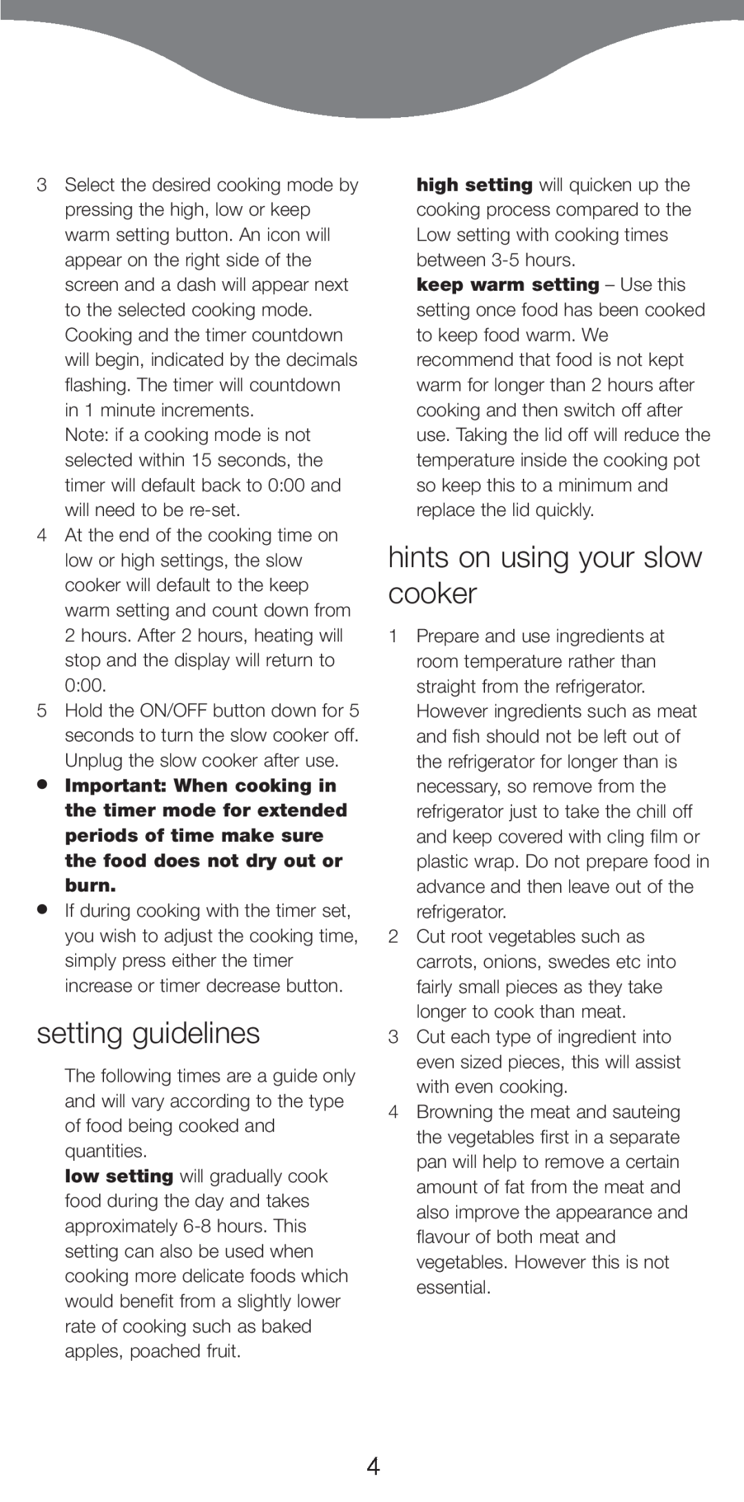 Kenwood CP706, CP707 manual setting guidelines, hints on using your slow cooker 