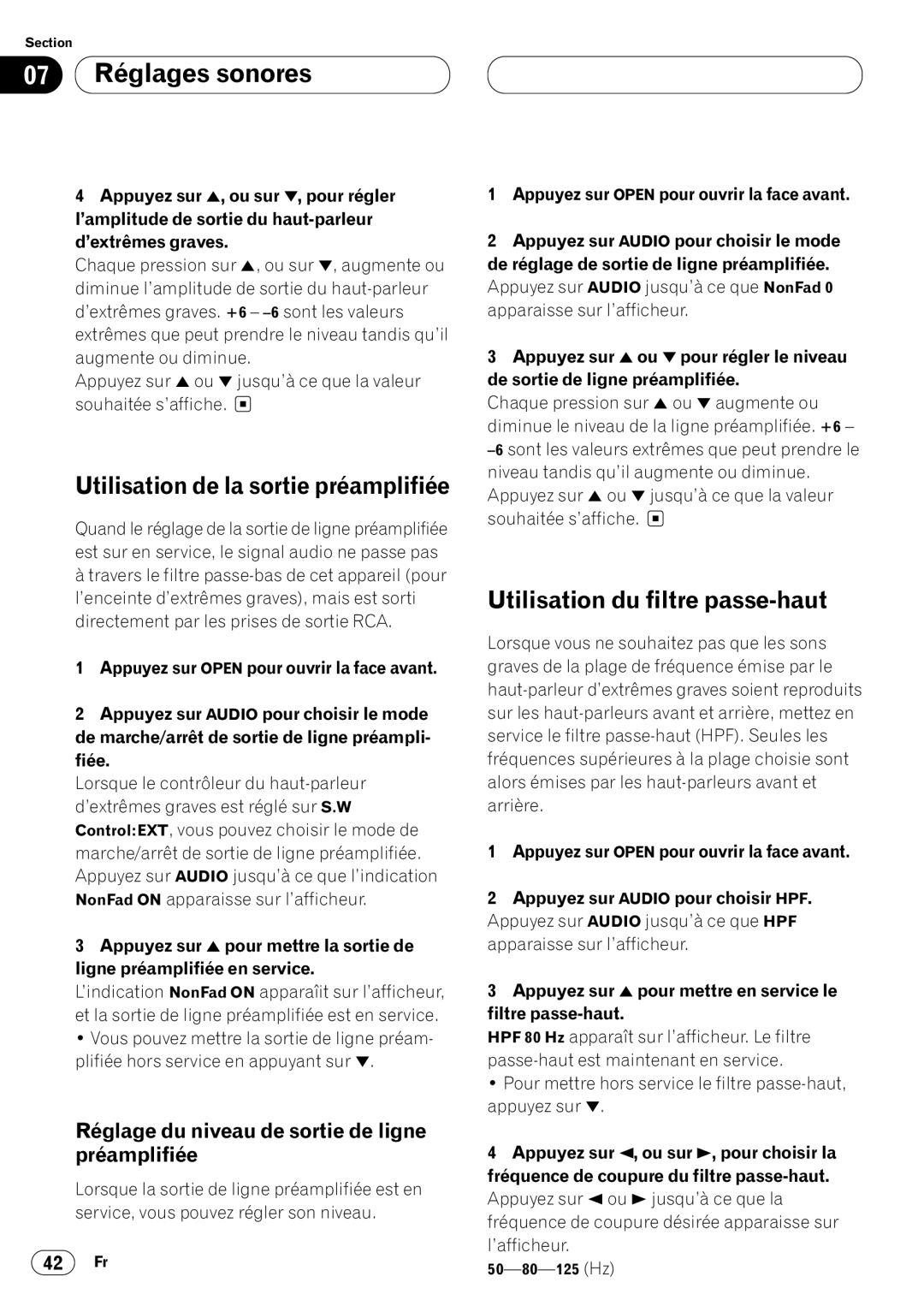 Kenwood CRD3569-A operation manual Utilisation de la sortie préamplifiée, Utilisation du filtre passe-haut 