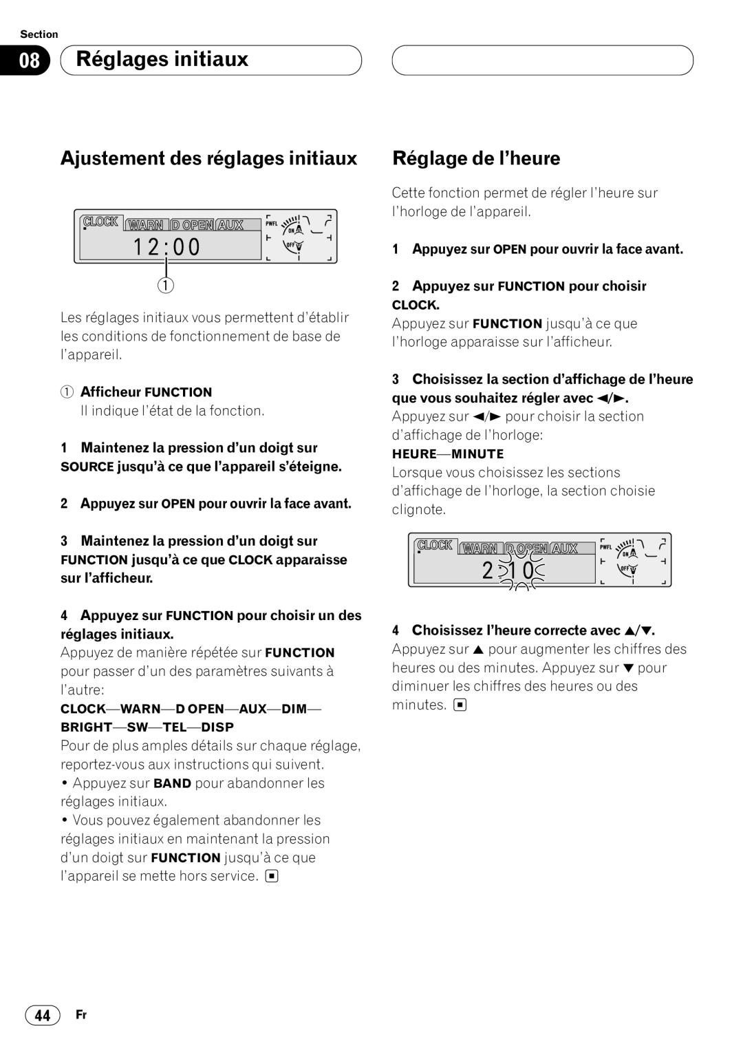 Kenwood CRD3569-A operation manual 08 Réglages initiaux, Ajustement des réglages initiaux, Réglage de l’heure 