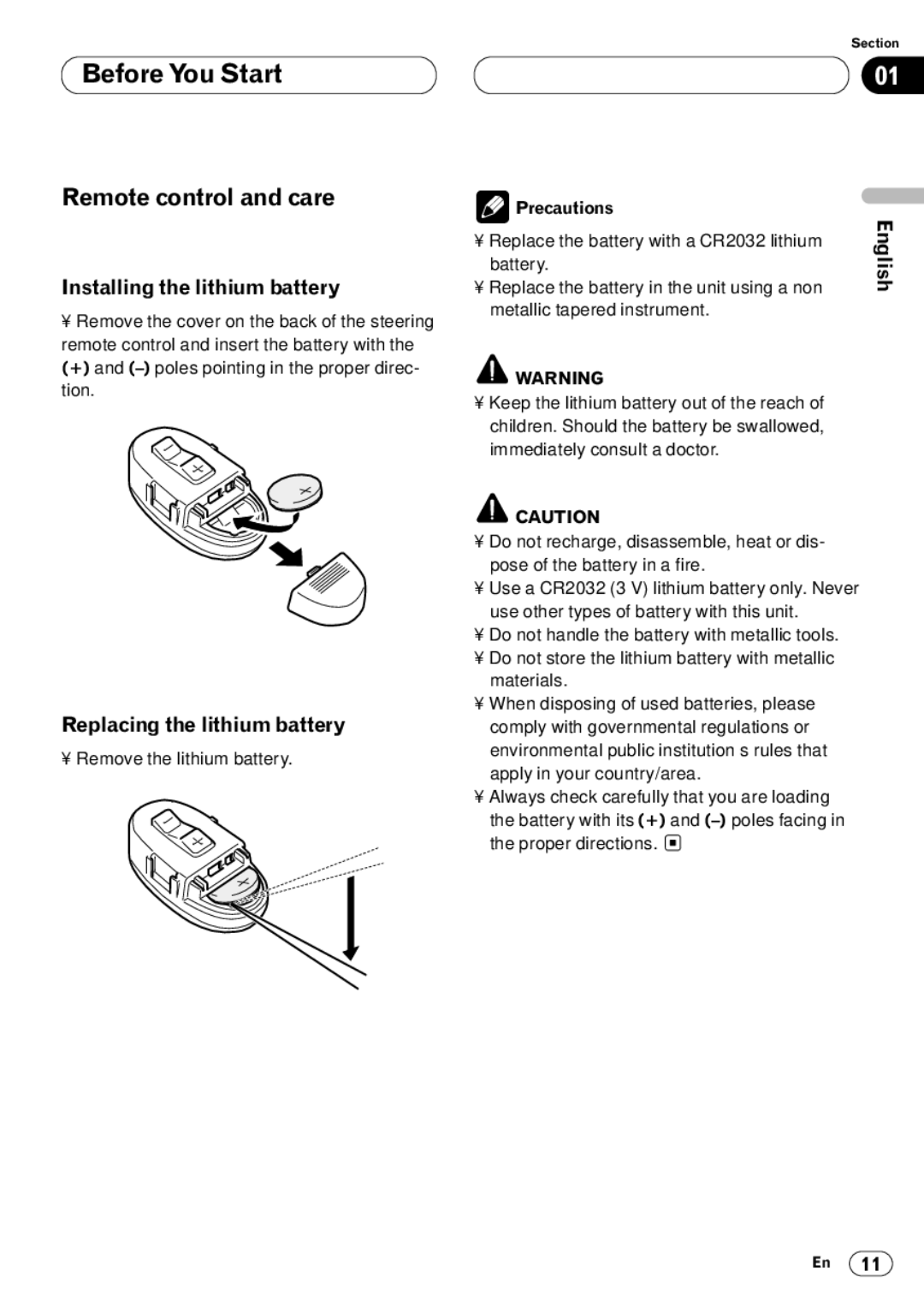 Kenwood CRD3569-A Remote control and care, Installing the lithium battery, Replacing the lithium battery, Precautions 