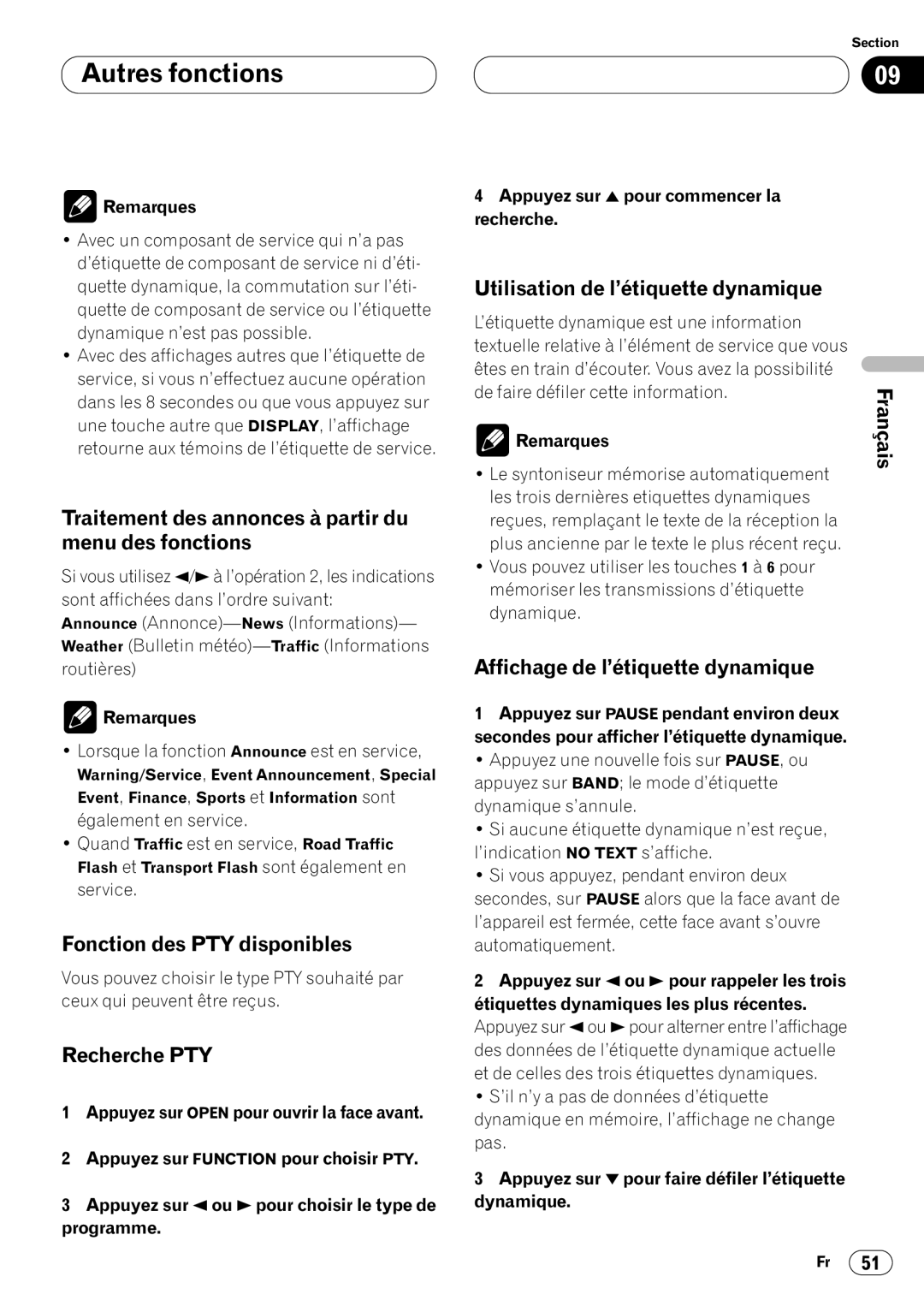 Kenwood CRD3569-A Traitement des annonces à partir du menu des fonctions, Fonction des PTY disponibles, Recherche PTY 