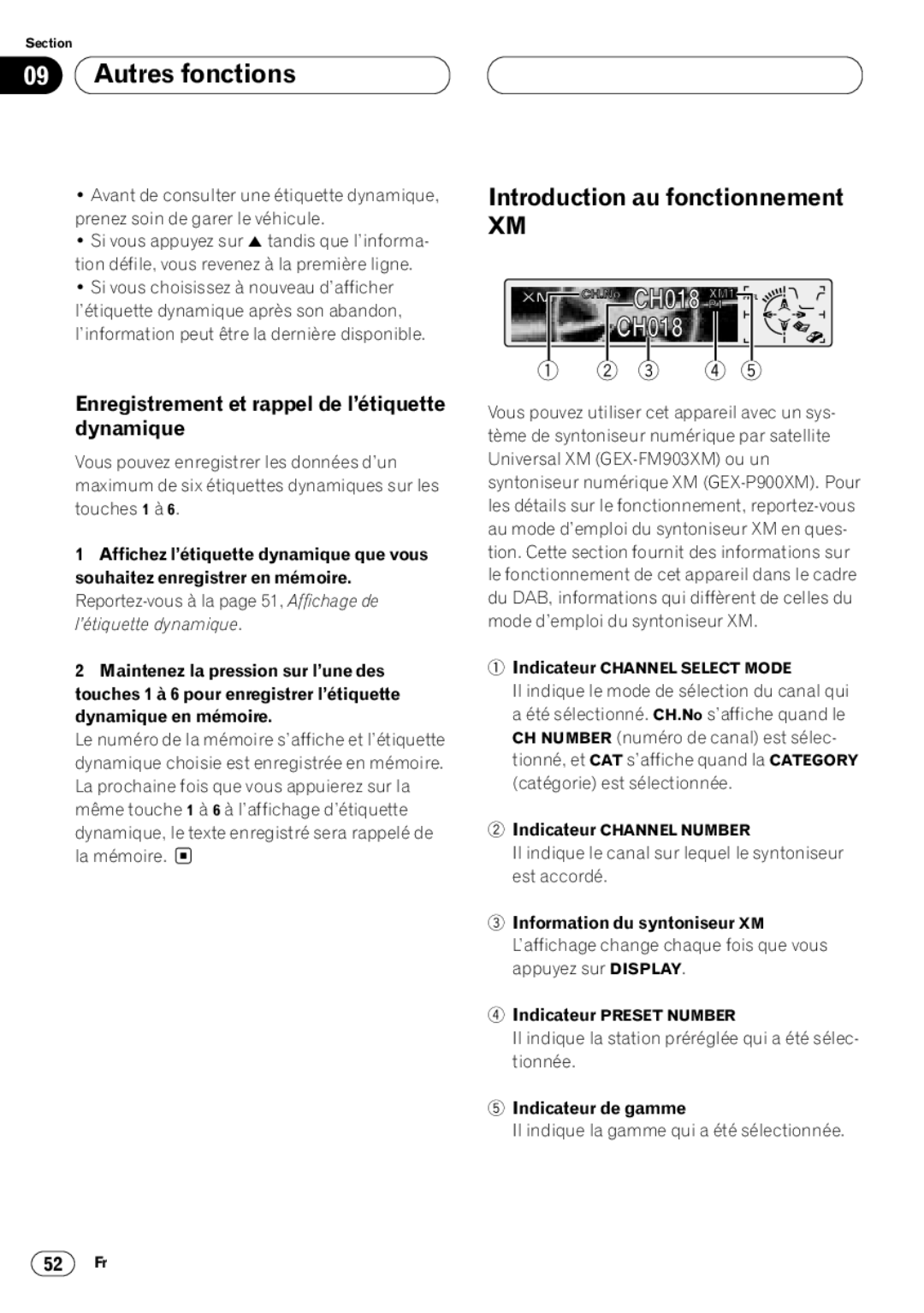 Kenwood CRD3569-A Enregistrement et rappel de l’étiquette dynamique, Information du syntoniseur XM, Indicateur de gamme 