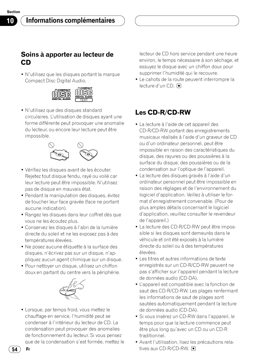 Kenwood CRD3569-A operation manual Informations complémentaires Soins à apporter au lecteur de, Les CD-R/CD-RW 