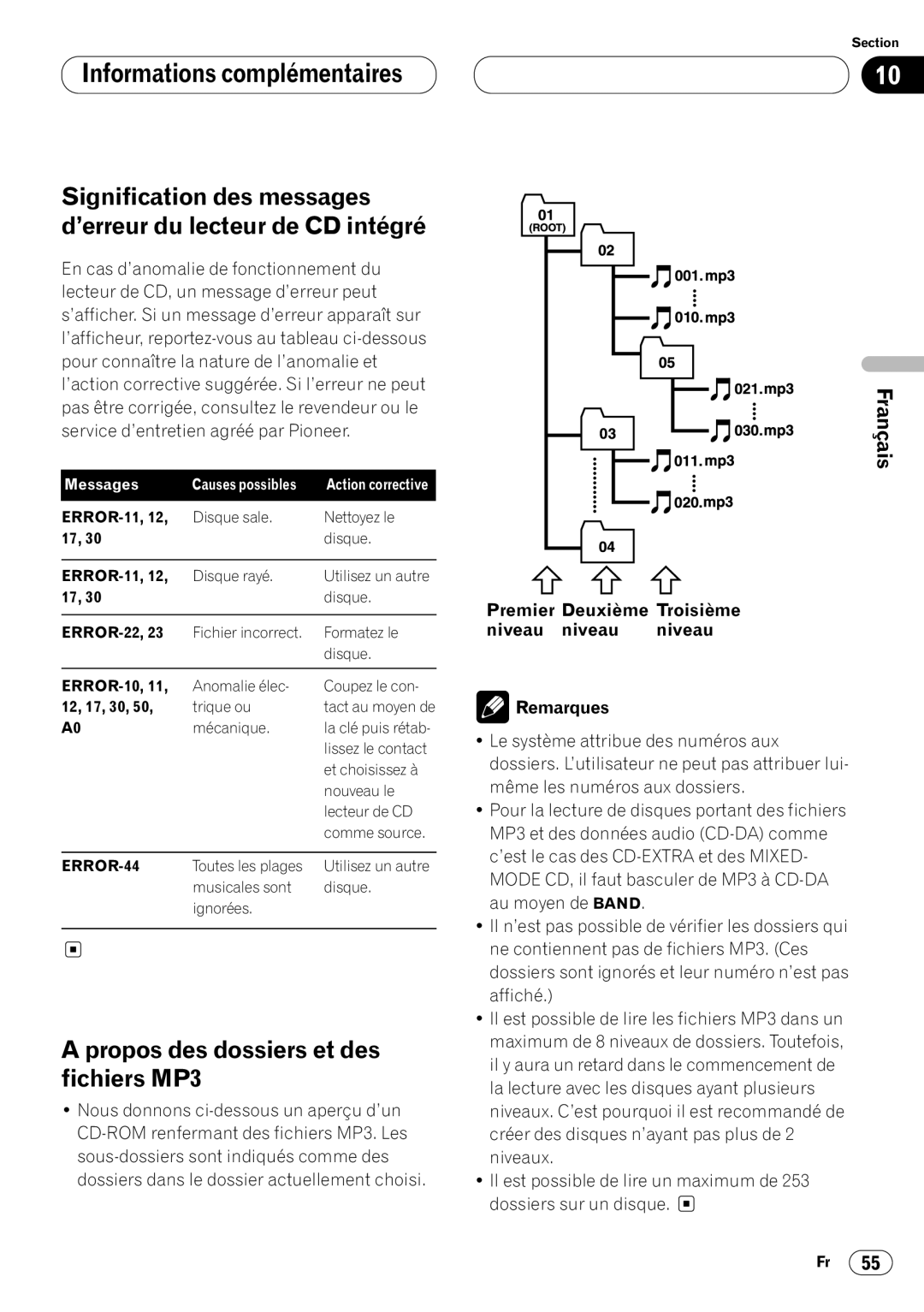 Kenwood CRD3569-A operation manual Informations complémentaires, Propos des dossiers et des fichiers MP3, Français Deutsch 