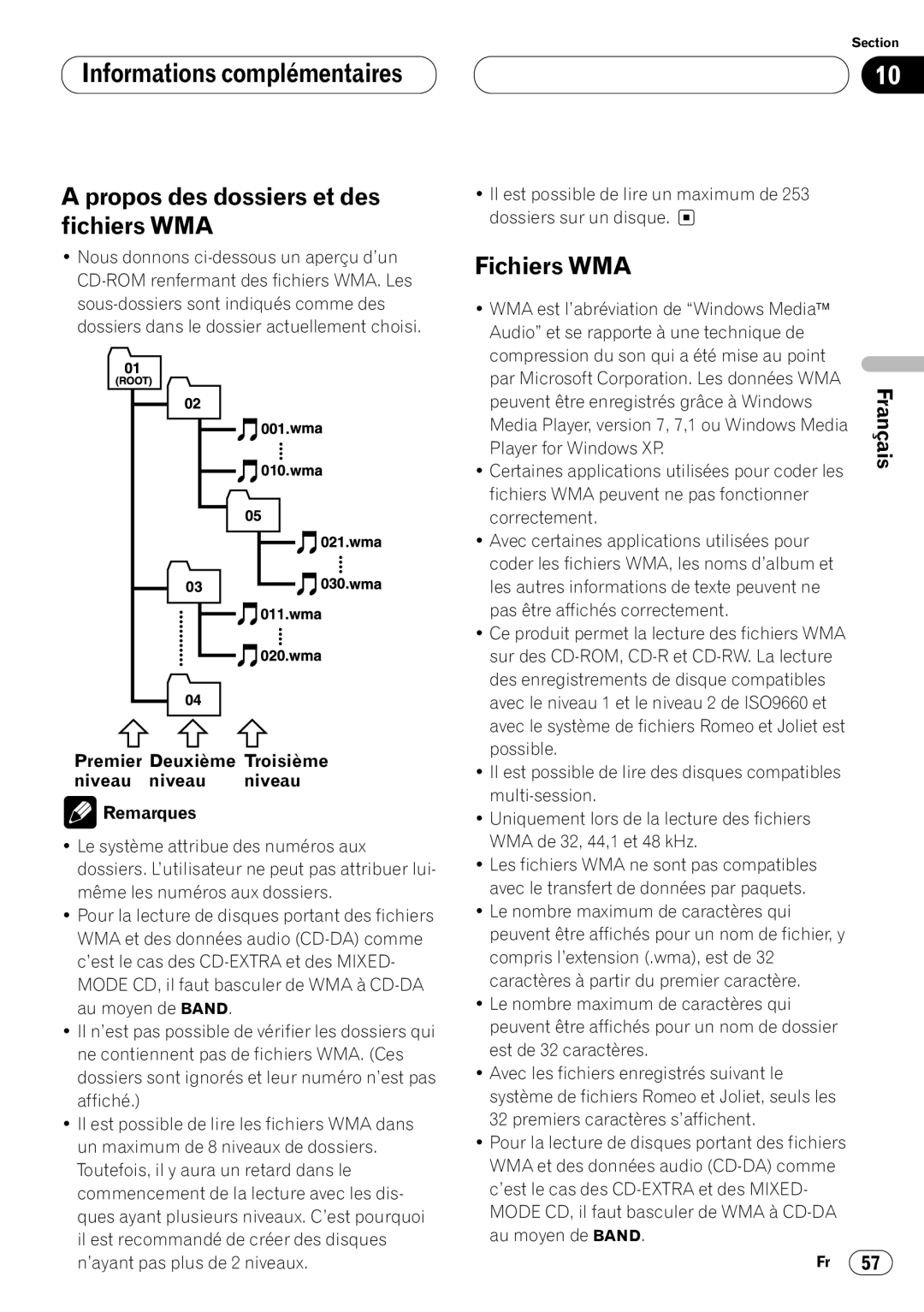 Kenwood CRD3569-A operation manual Fichiers WMA, Premier Deuxième Troisième Niveau niveau niveau Remarques 