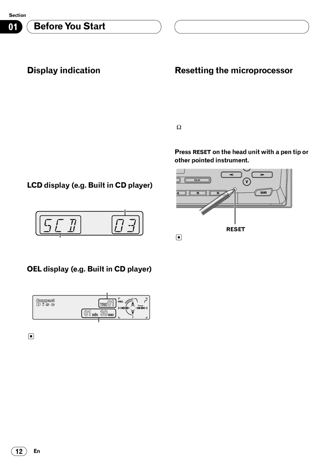 Kenwood CRD3569-A operation manual Display indication, Resetting the microprocessor, LCD display e.g. Built in CD player 