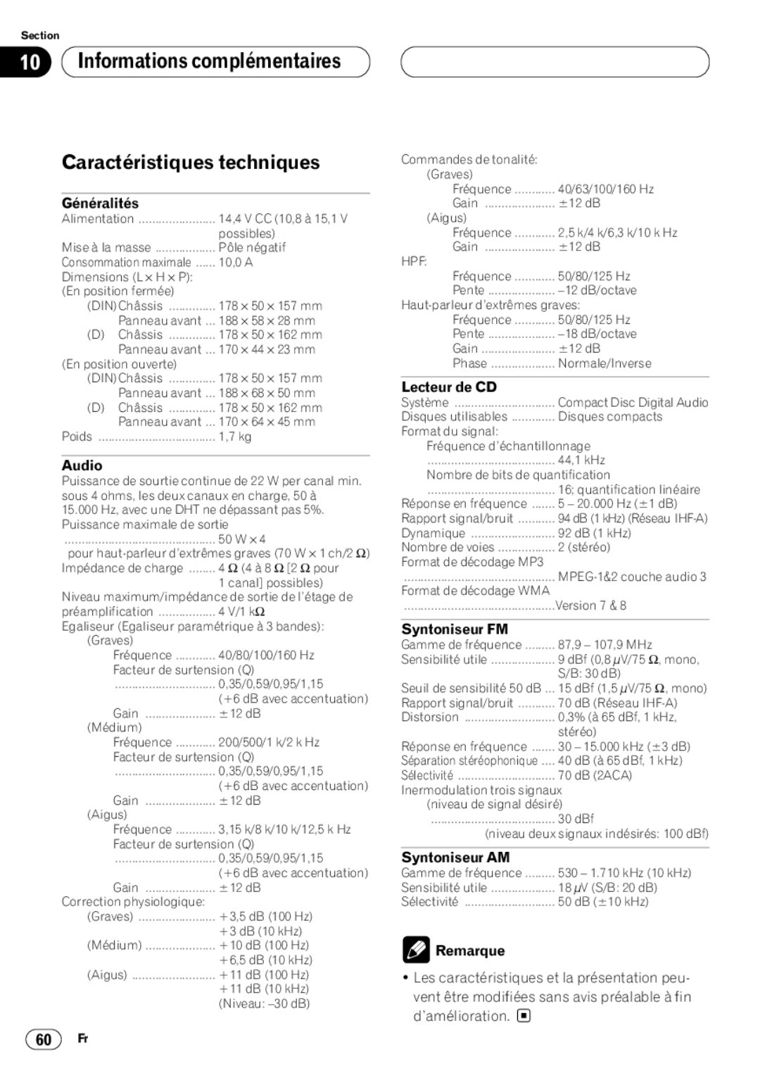 Kenwood CRD3569-A Informations complémentaires Caractéristiques techniques, Généralités, Lecteur de CD, Syntoniseur FM 