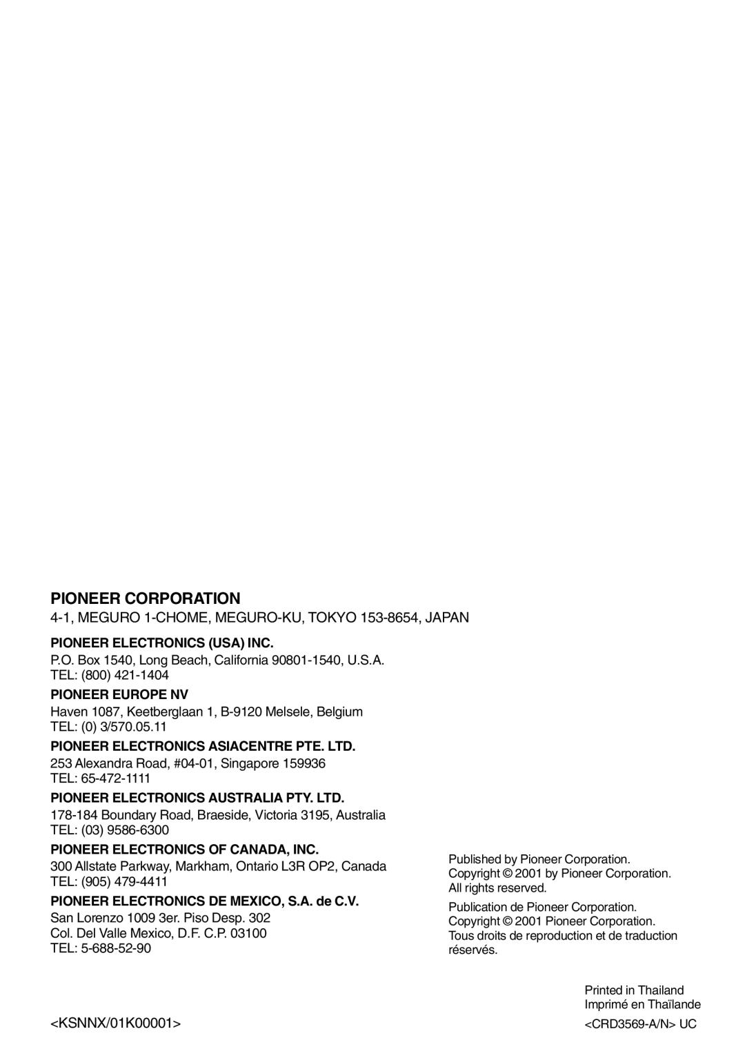 Kenwood CRD3569-A operation manual Pioneer Corporation 