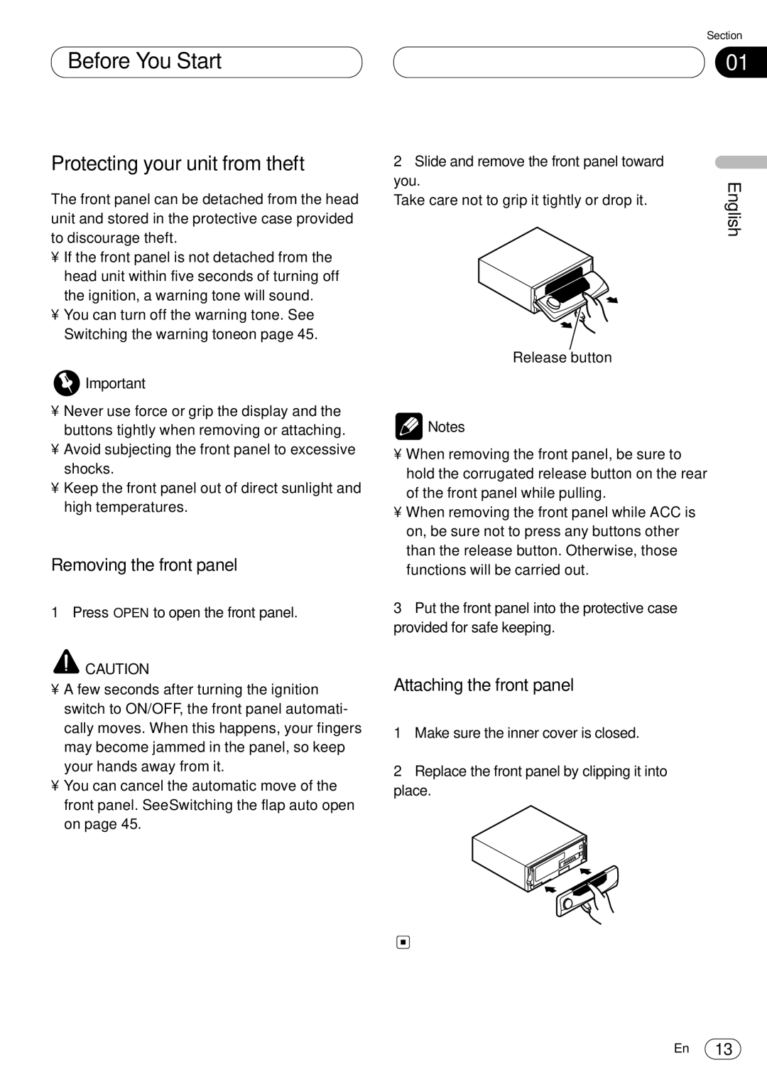 Kenwood CRD3569-A operation manual Protecting your unit from theft, Removing the front panel, Attaching the front panel 