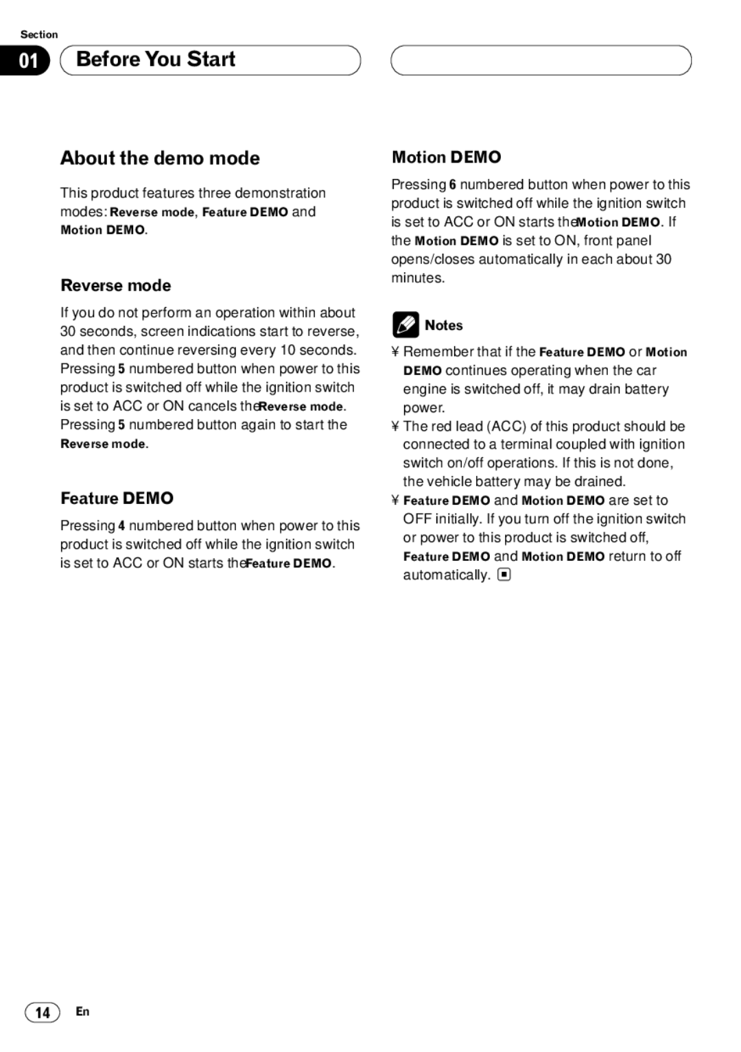 Kenwood CRD3569-A operation manual About the demo mode, Reverse mode, Feature Demo, Motion Demo 