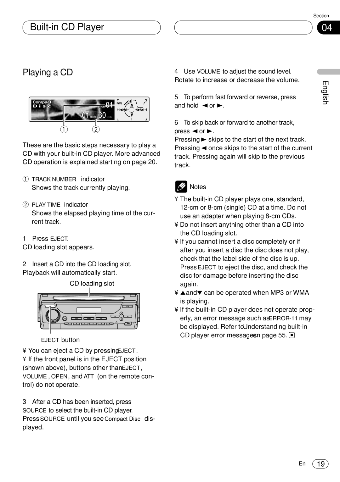 Kenwood CRD3569-A operation manual Built-in CD Player, Playing a CD, Press Eject, Use Volume to adjust the sound level 