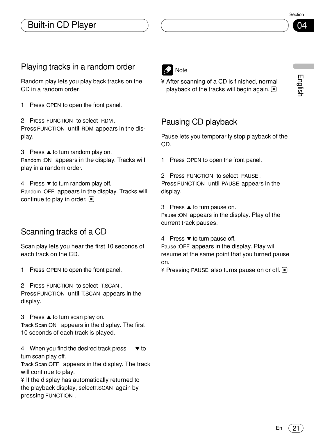 Kenwood CRD3569-A operation manual Playing tracks in a random order, Scanning tracks of a CD, Pausing CD playback 