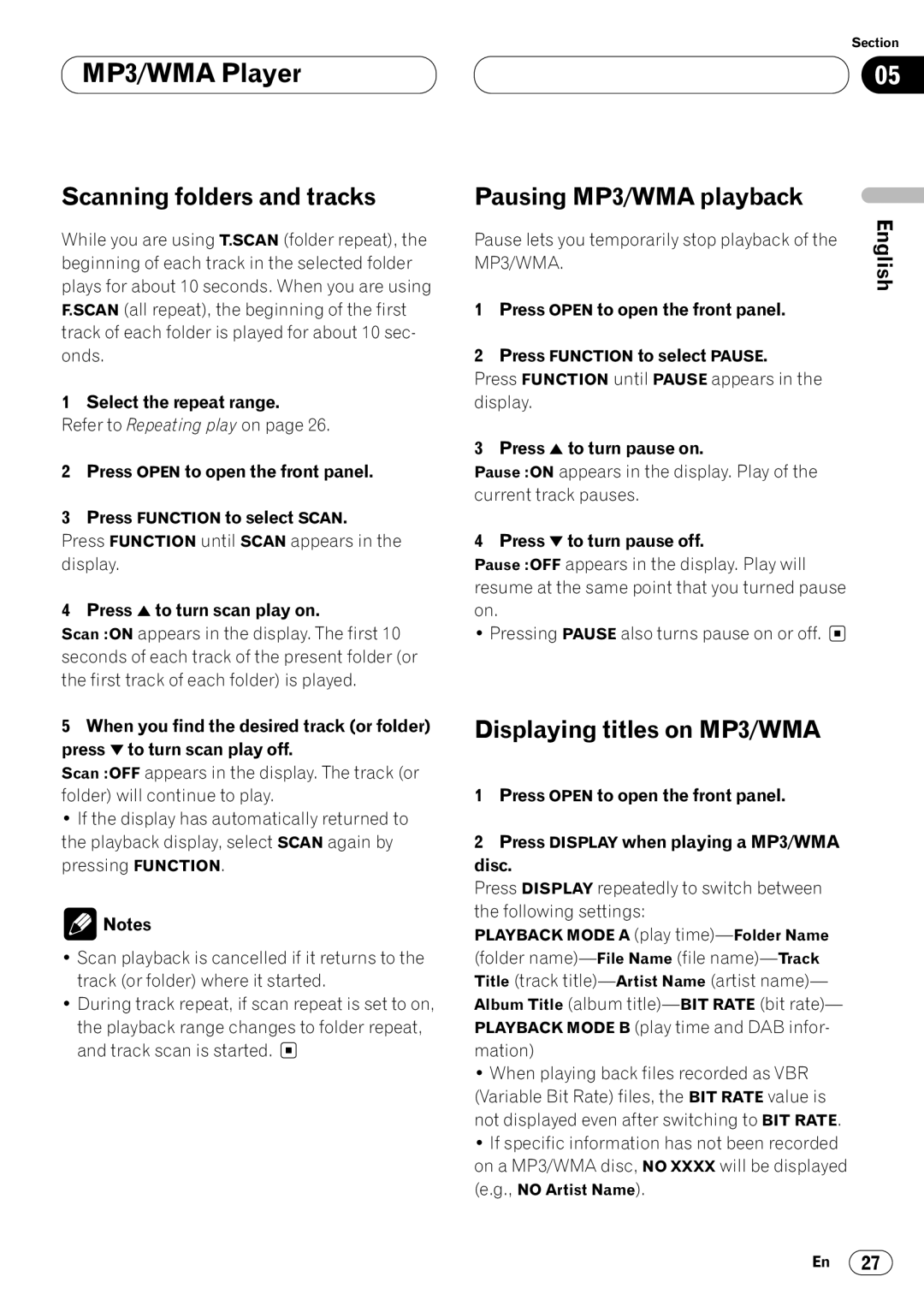 Kenwood CRD3569-A operation manual Scanning folders and tracks, Pausing MP3/WMA playback, Displaying titles on MP3/WMA 