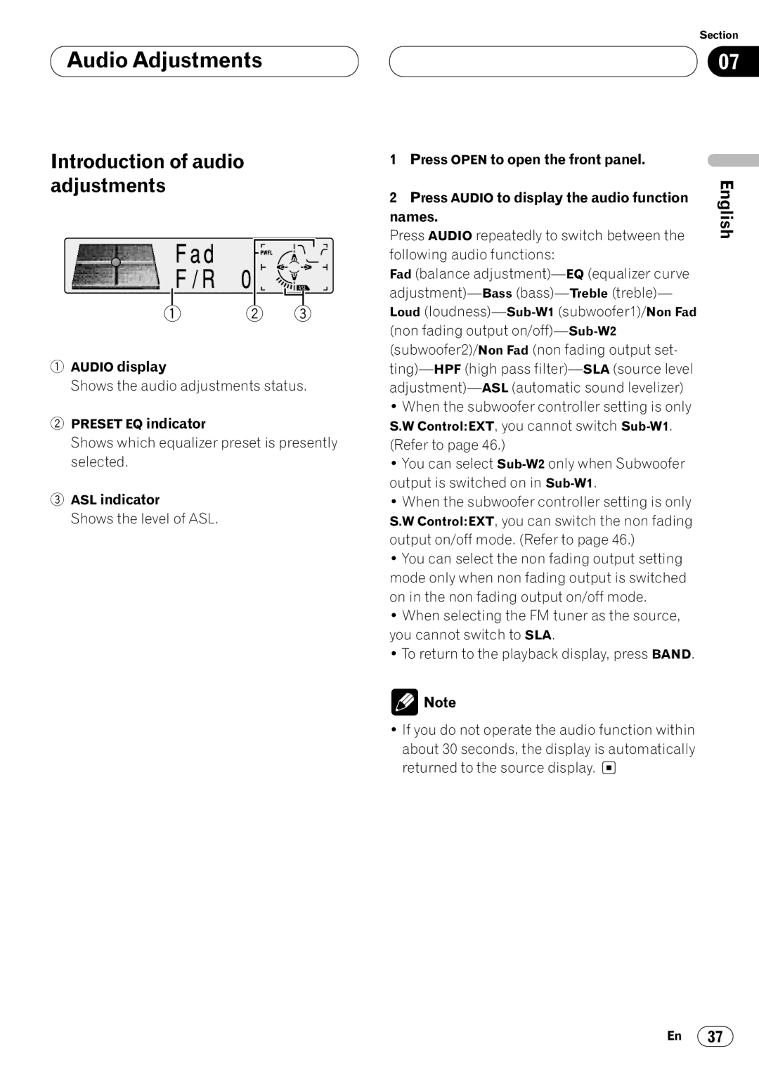 Kenwood CRD3569-A operation manual Audio Adjustments, Introduction of audio adjustments, Audio display, ASL indicator 