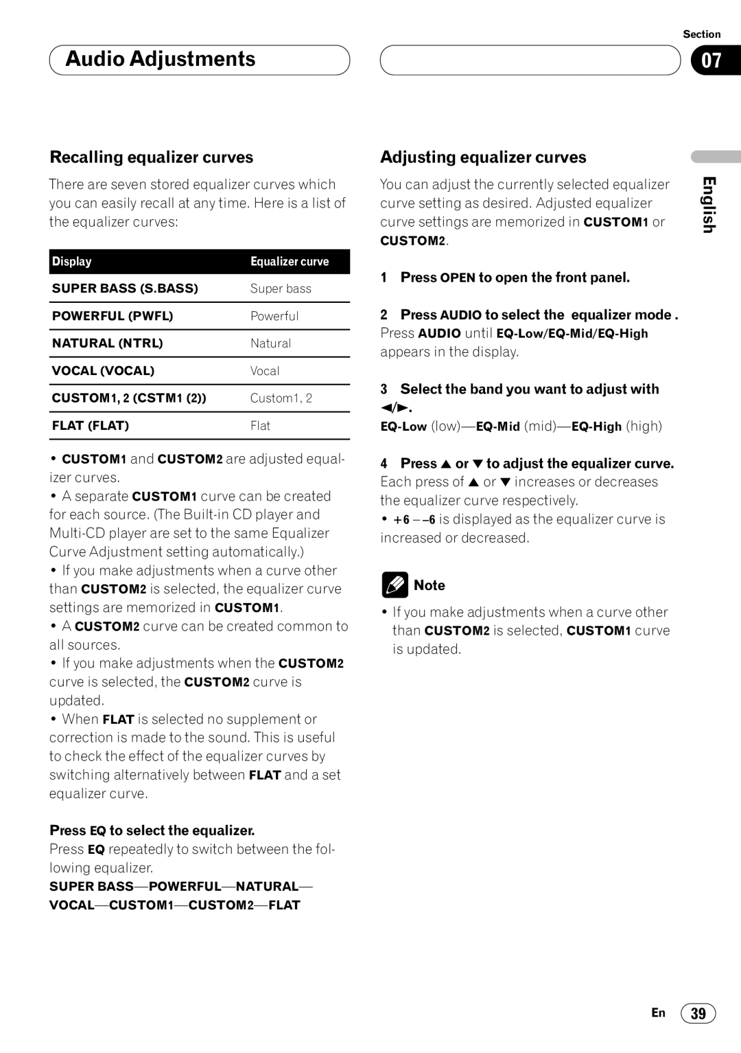 Kenwood CRD3569-A operation manual Recalling equalizer curves, Adjusting equalizer curves, Press EQ to select the equalizer 