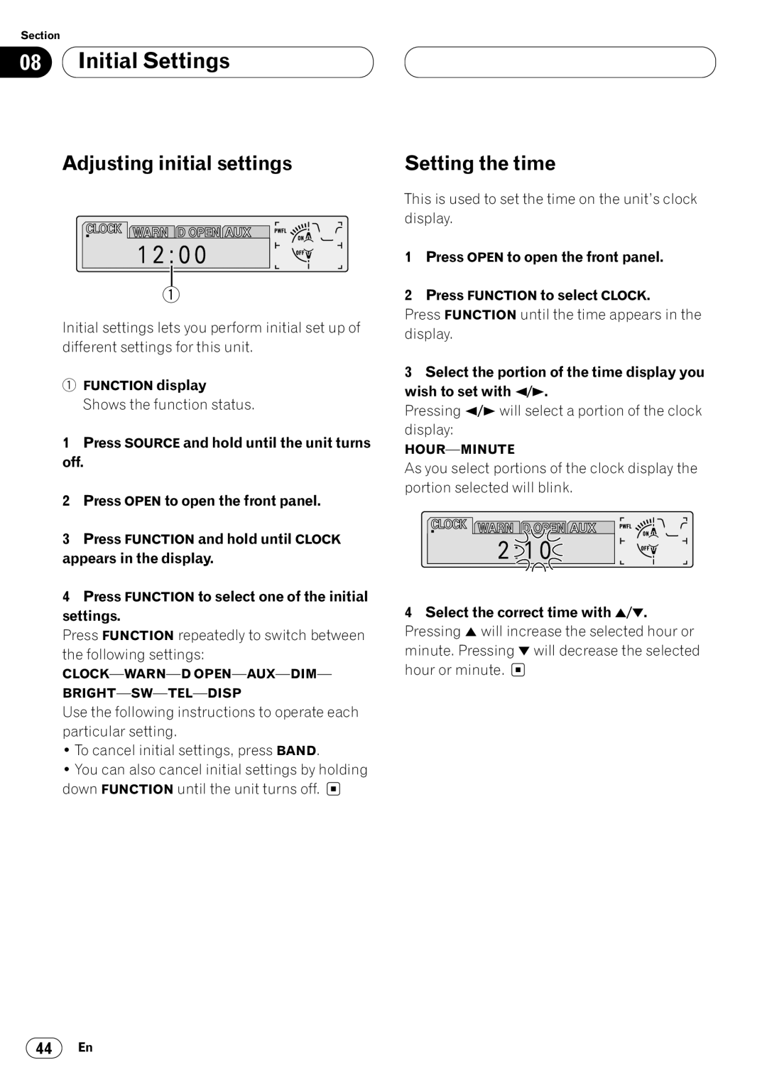 Kenwood CRD3569-A operation manual Initial Settings, Adjusting initial settings, Setting the time 