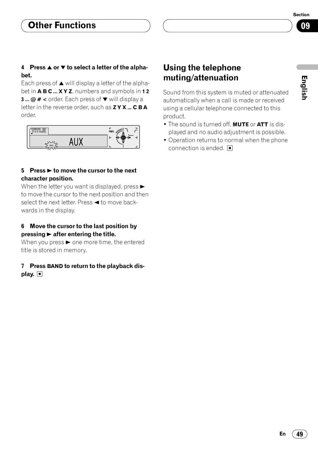 Kenwood CRD3569-A Using the telephone muting/attenuation, Press 5 or ∞ to select a letter of the alpha- bet 