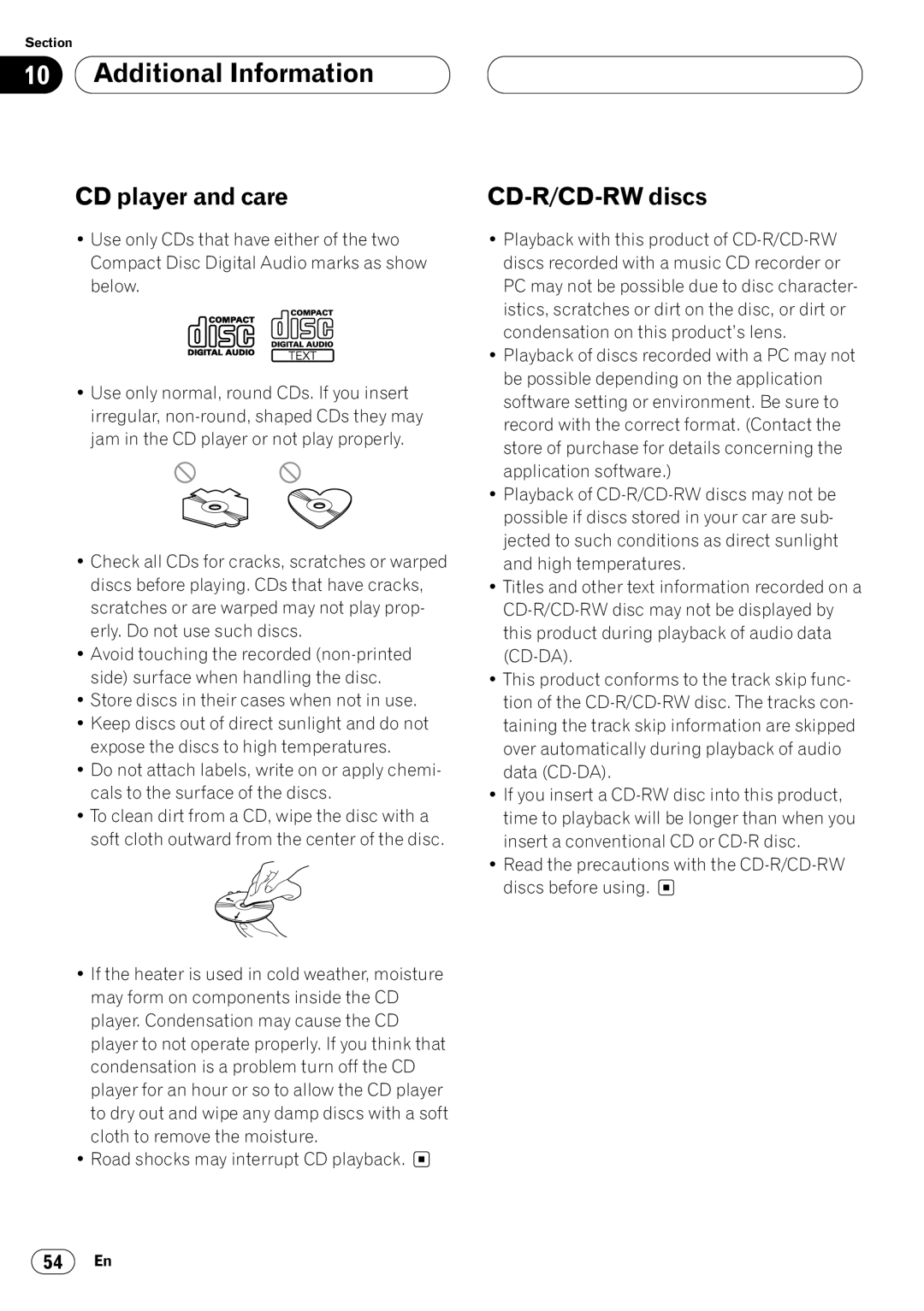 Kenwood CRD3569-A operation manual Additional Information, CD player and care, CD-R/CD-RW discs 