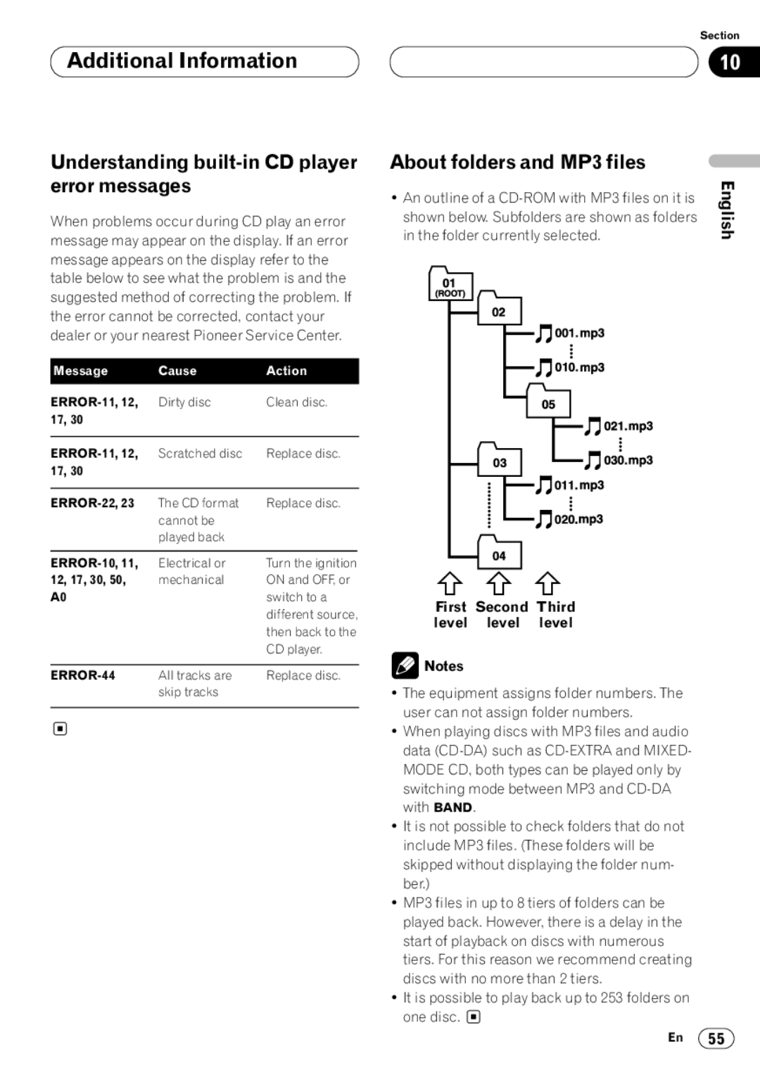 Kenwood CRD3569-A Understanding built-in CD player error messages, About folders and MP3 files, First Second Third 